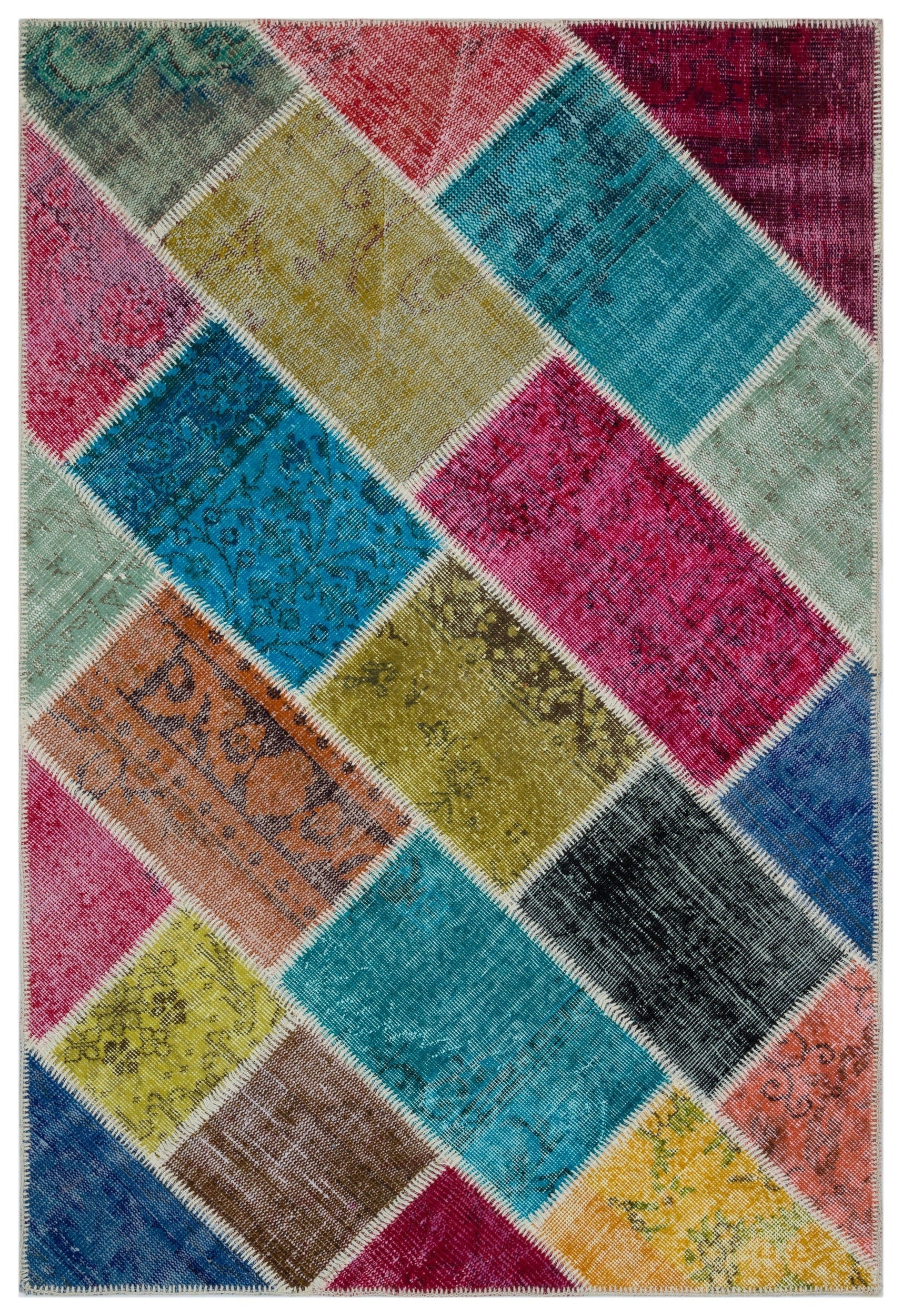 Iskece 33209 Beige Patchwork Wool Handmade Area Rug 3'11" x 5'11"