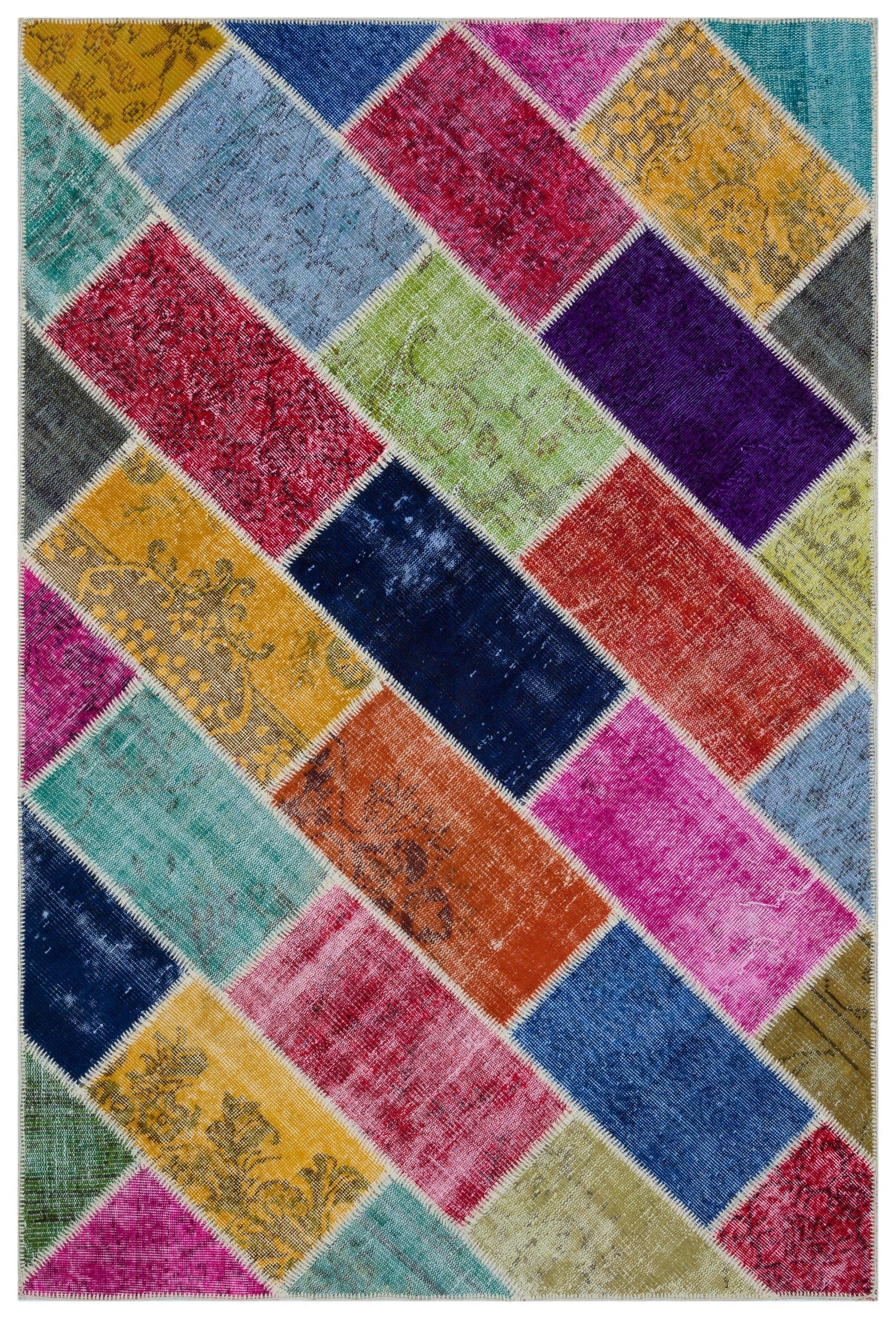 Iskece 33222 Beige Patchwork Wool Handmade Area Rug 5'3" x 7'7"