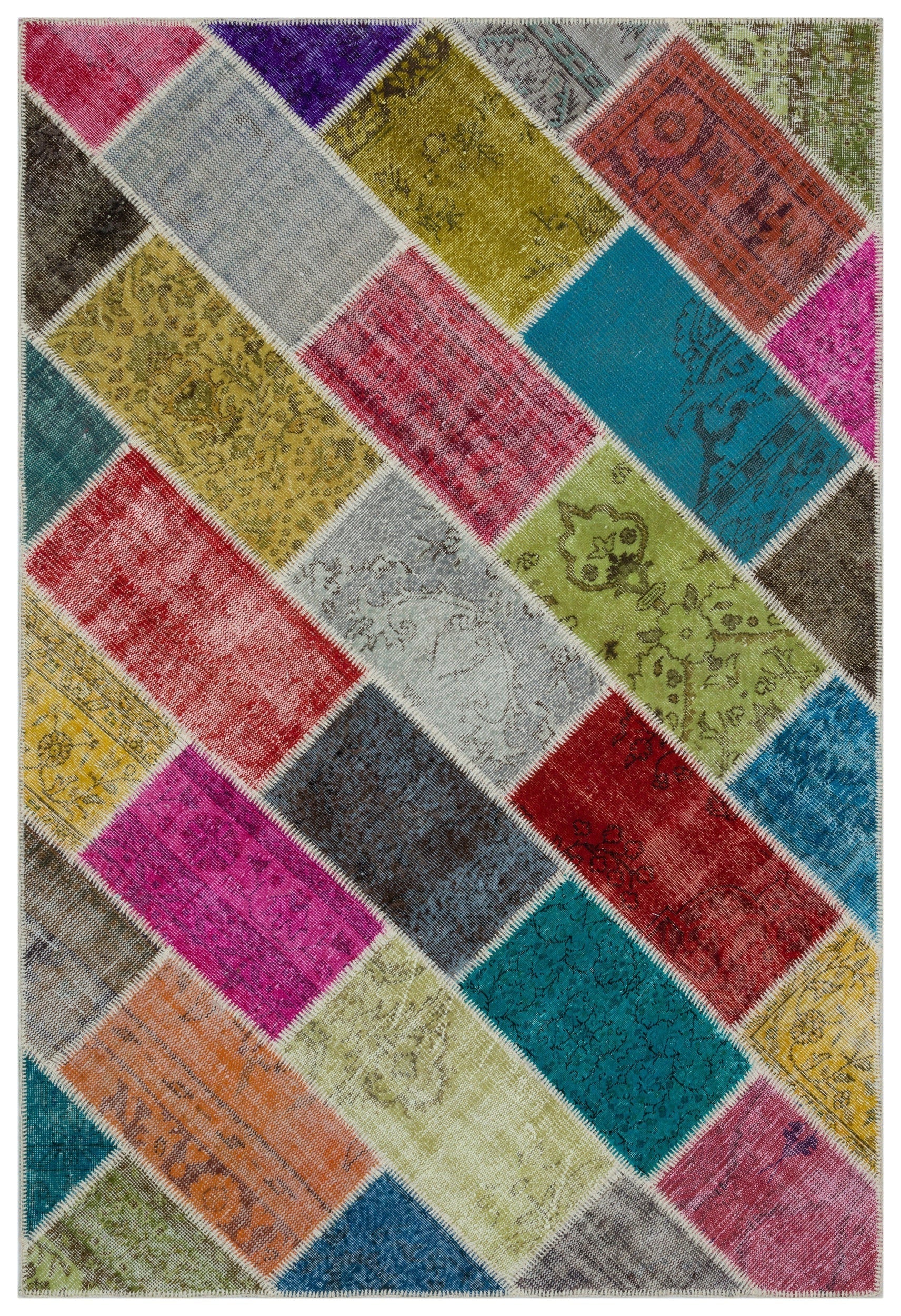 Iskece 33226 Beige Patchwork Wool Handmade Area Rug 5'3" x 7'7"