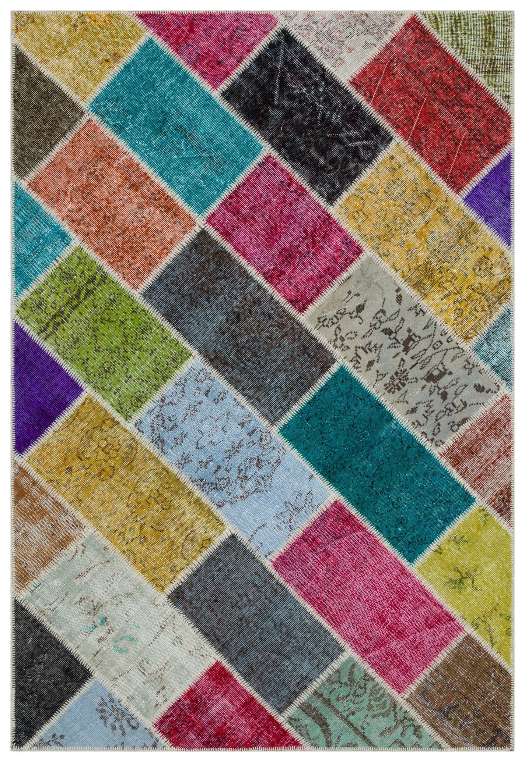 Iskece 33231 Beige Patchwork Wool Handmade Area Rug 5'3" x 7'7"