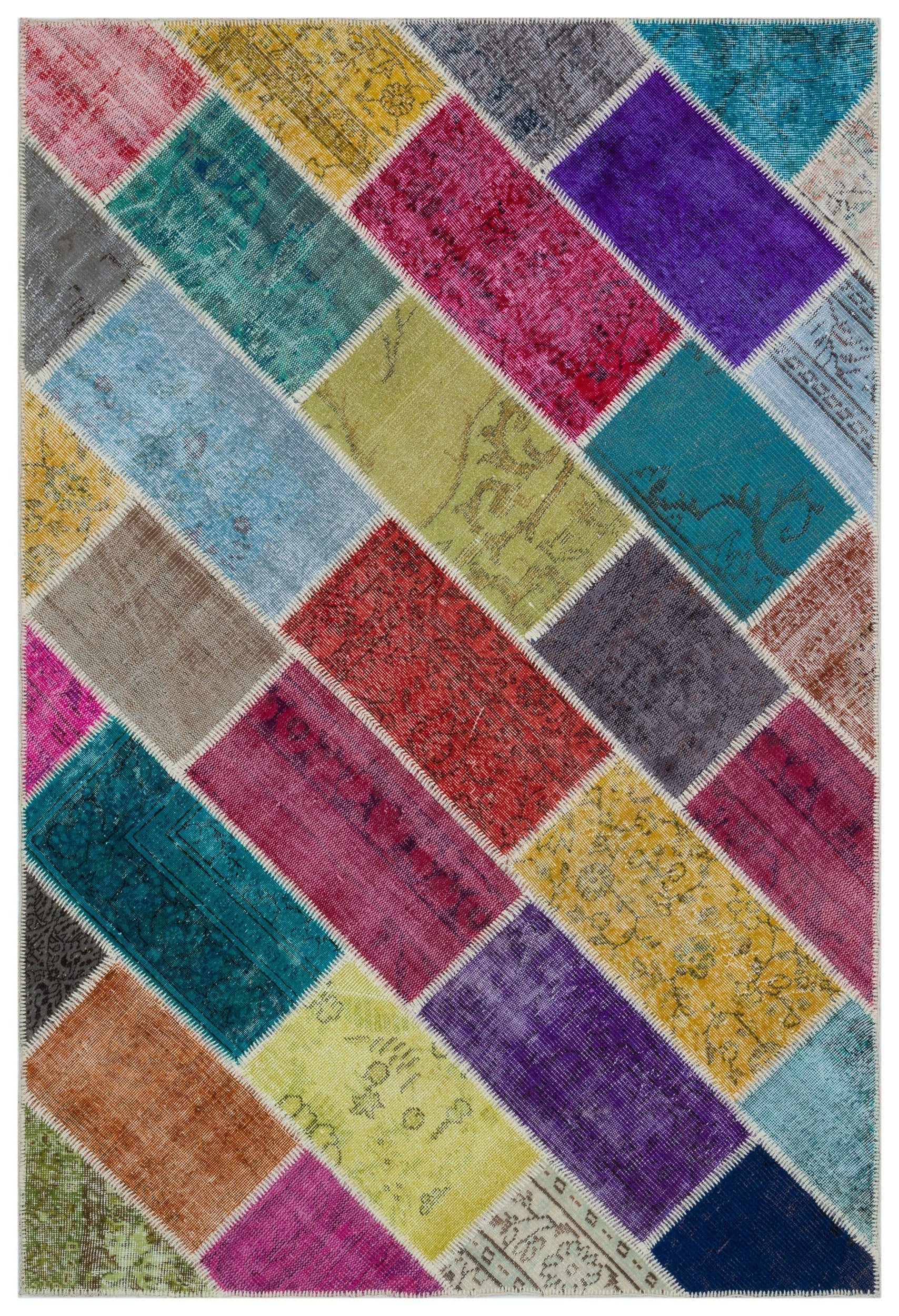 Iskece 33232 Beige Patchwork Wool Handmade Area Rug 5'3" x 7'7"