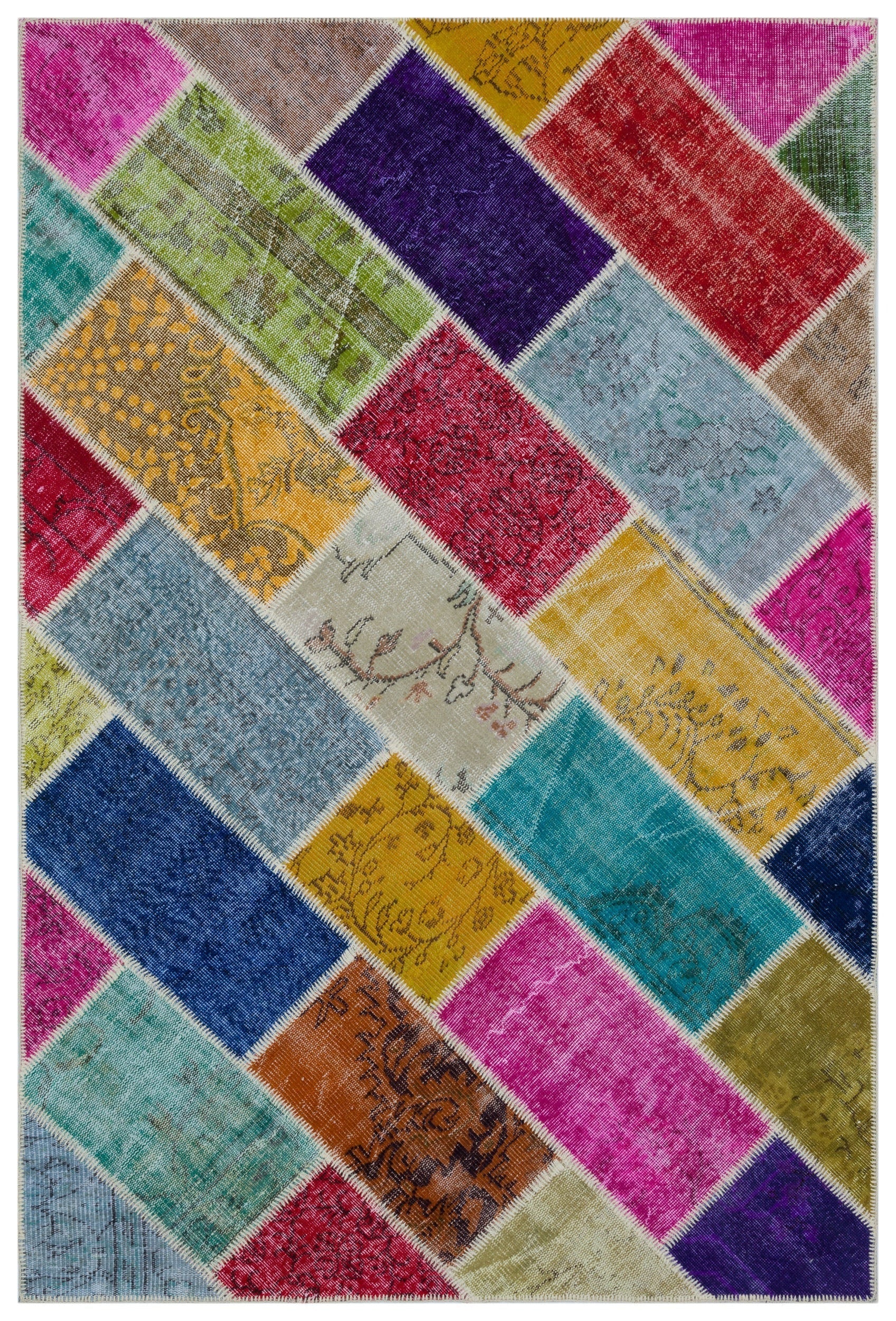 Iskece 33235 Beige Patchwork Wool Handmade Area Rug 5'3" x 7'7"