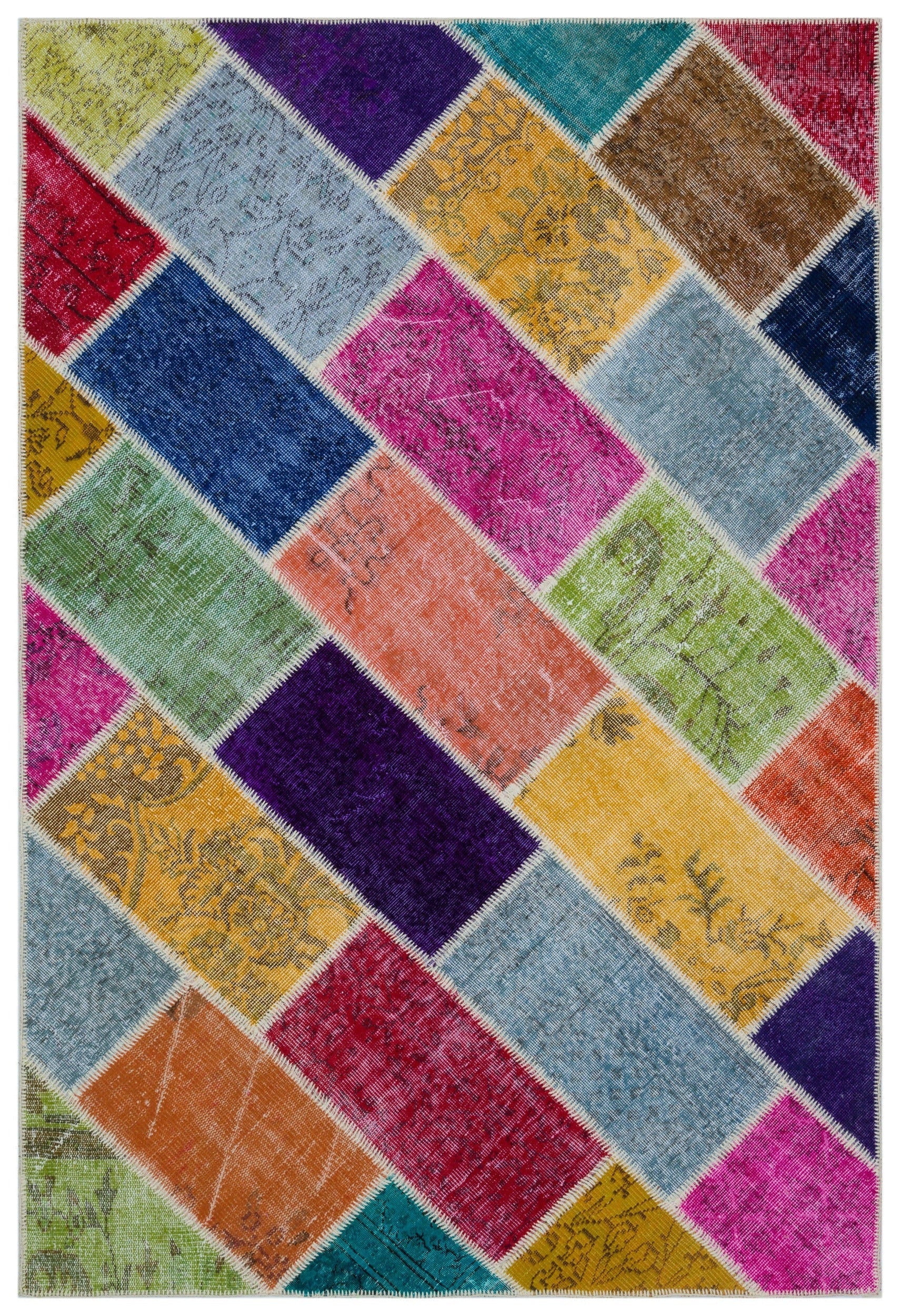 Iskece 33237 Beige Patchwork Wool Handmade Area Rug 5'3" x 7'7"