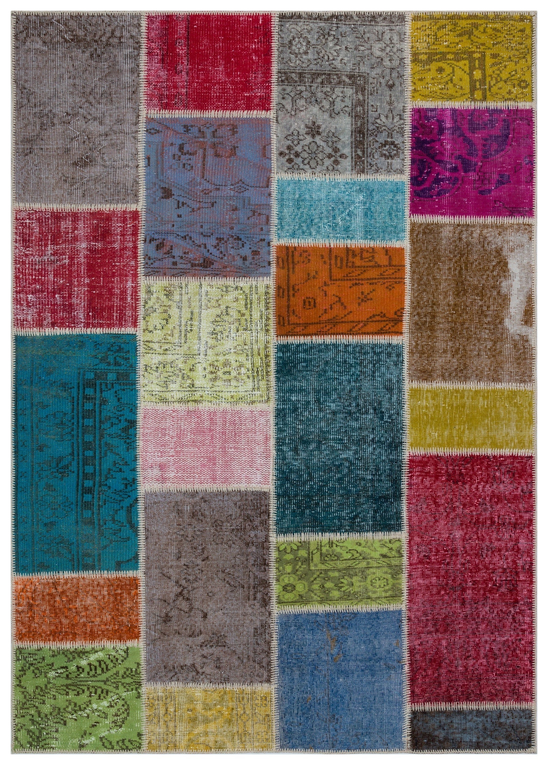 Iskece 33245 Beige Patchwork Wool Handmade Area Rug 5'3" x 7'7"