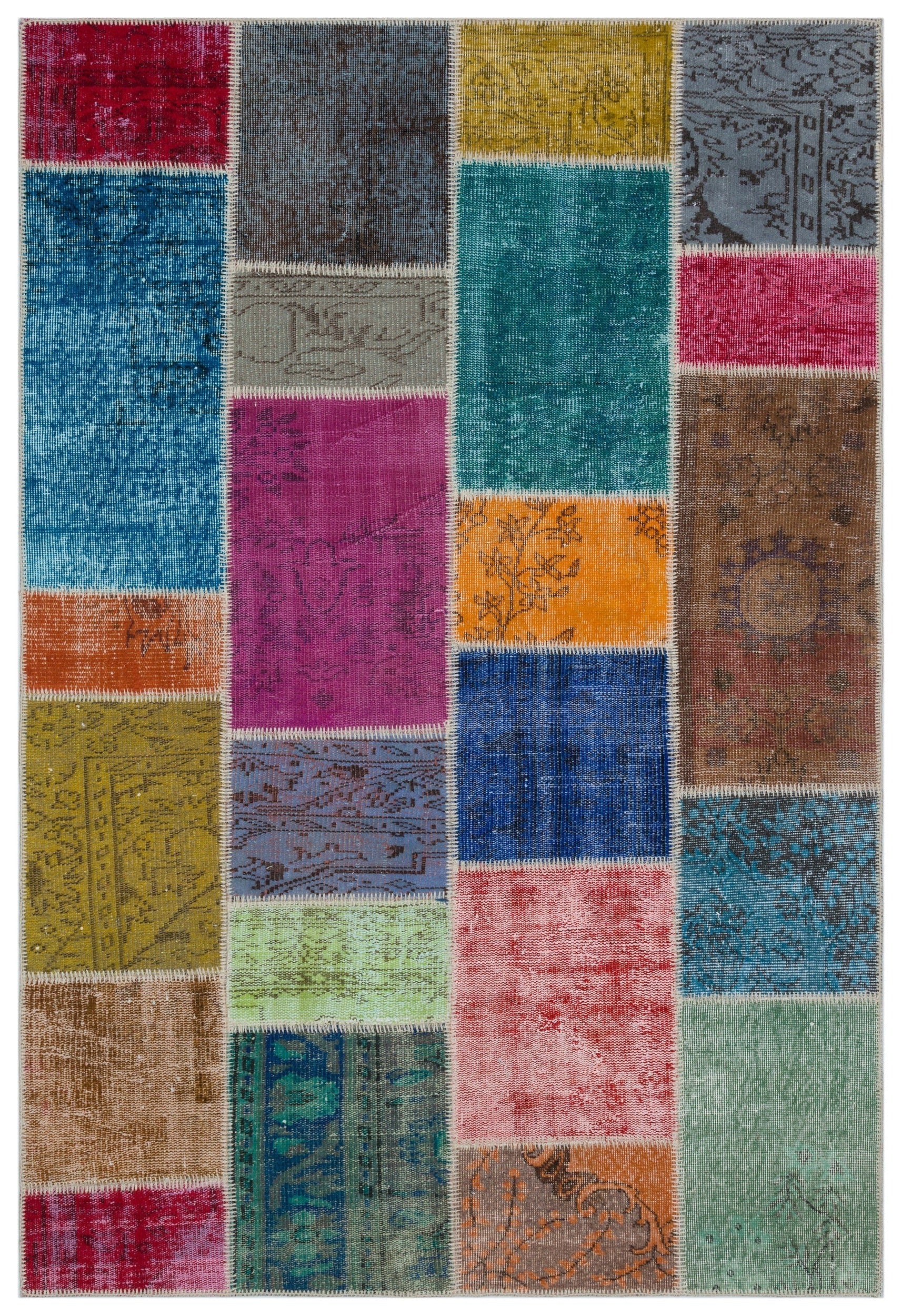 Iskece 33252 Beige Patchwork Wool Handmade Area Rug 5'3" x 7'7"