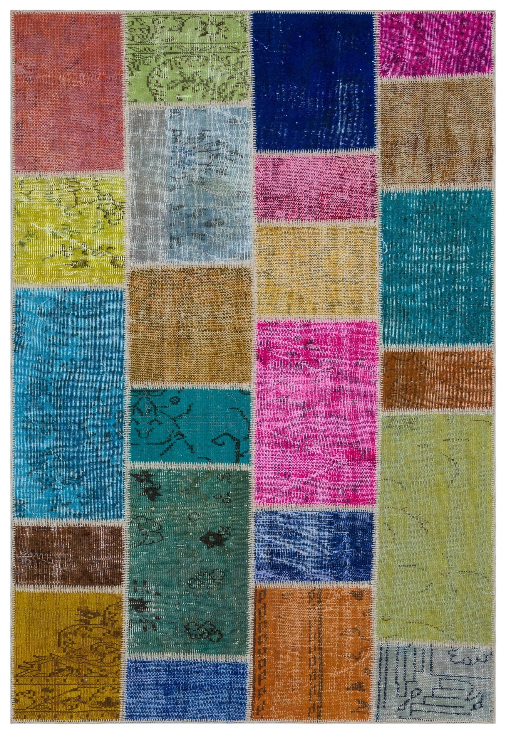 Iskece 33254 Beige Patchwork Wool Handmade Area Rug 5'3" x 7'7"