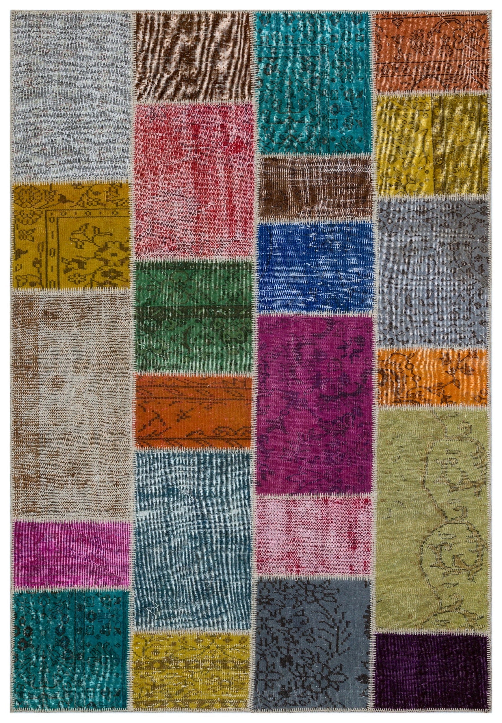 Iskece 33267 Beige Patchwork Wool Handmade Area Rug 5'3" x 7'8"