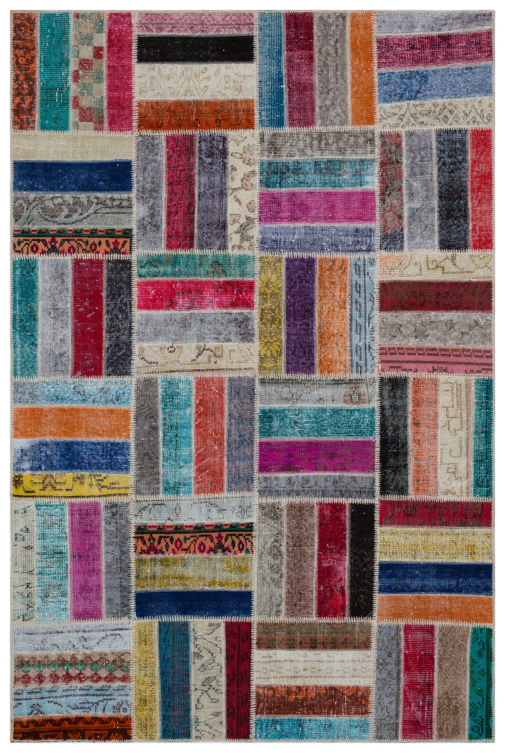 Iskece 33282 Beige Patchwork Wool Handmade Area Rug 5'3" x 8'0"