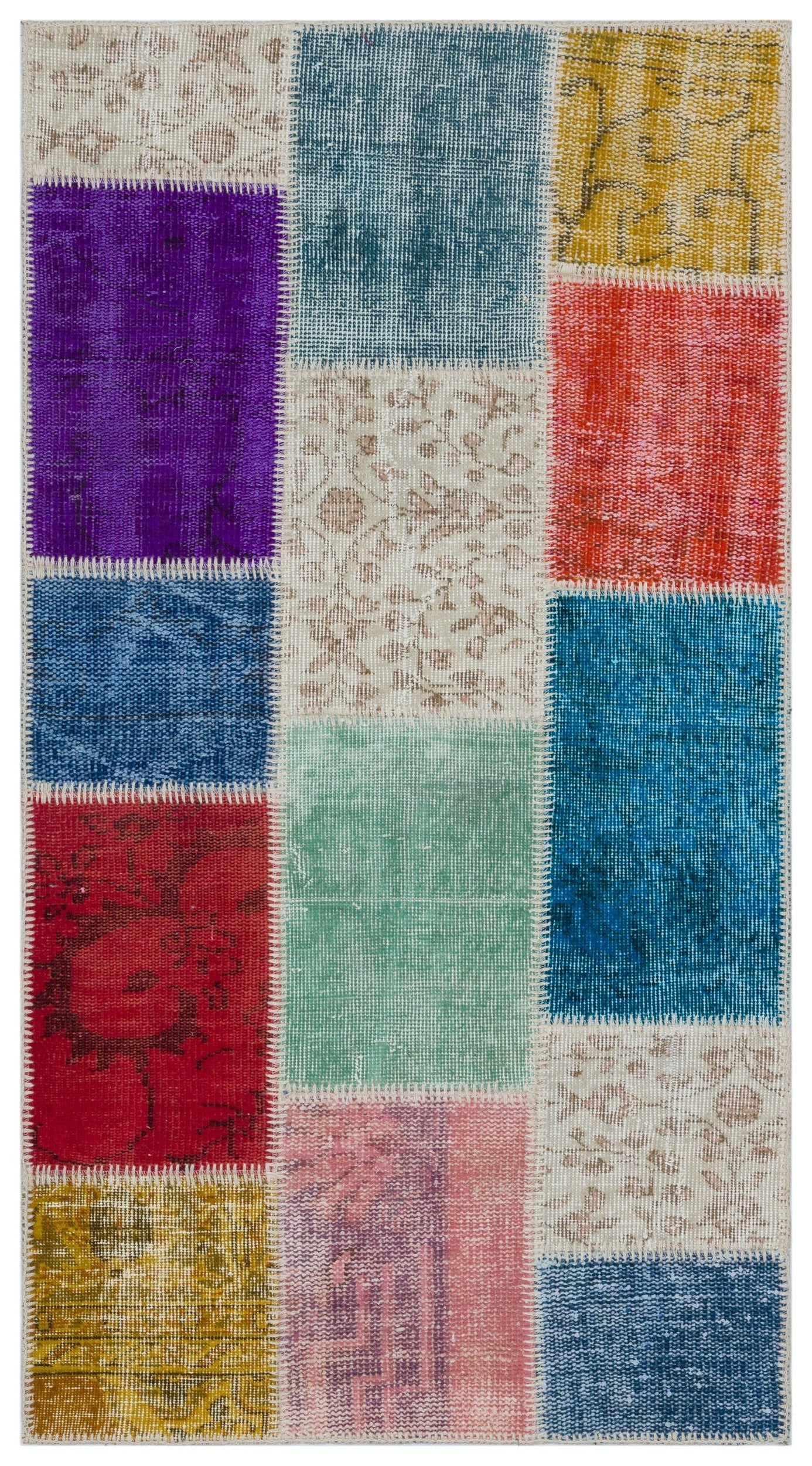 Iskece 33339 Beige Patchwork Wool Handmade Area Rug 2'7" x 4'11"