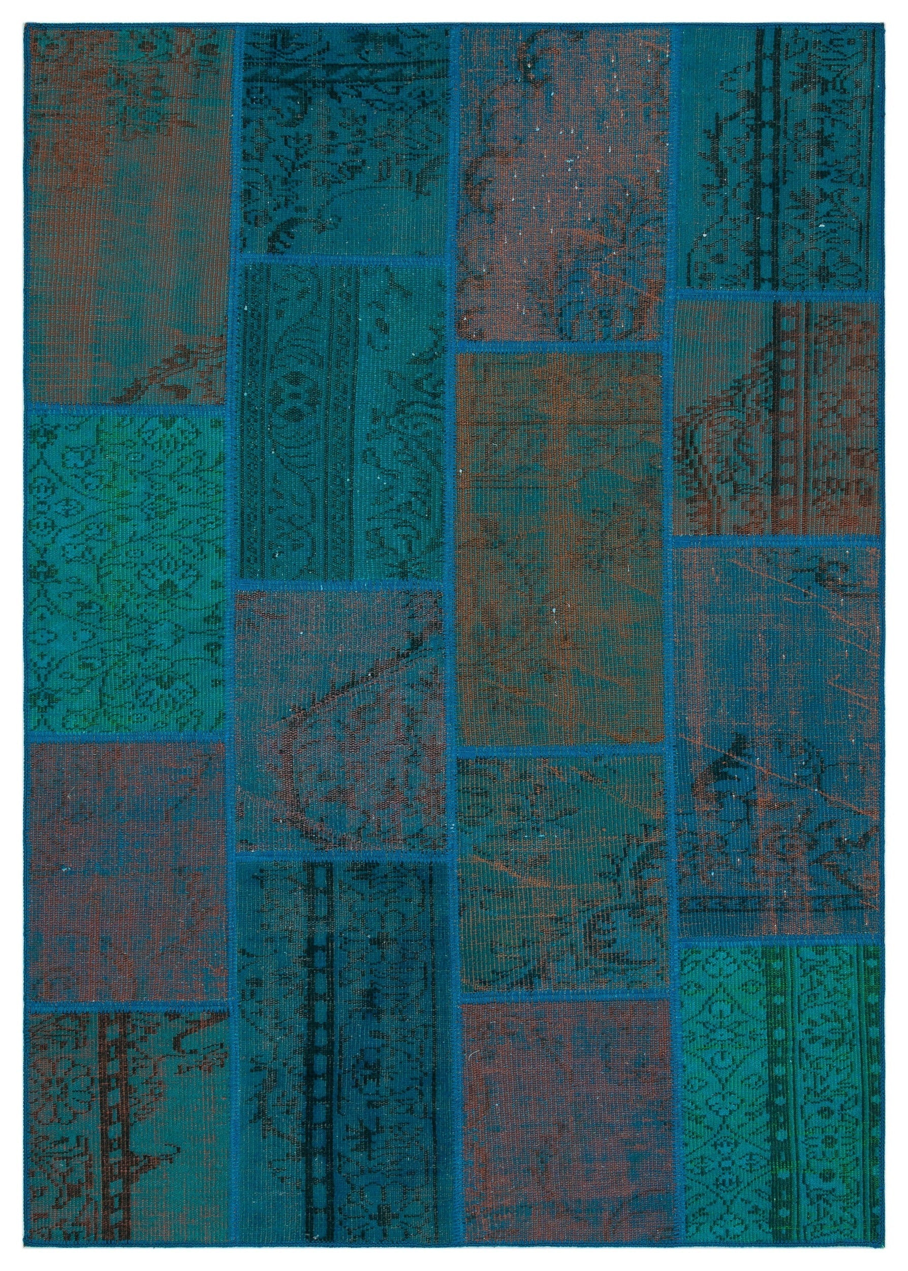 Iskece 33871 Turquoise Patchwork Wool Handmade Area Rug 5'3" x 7'7"
