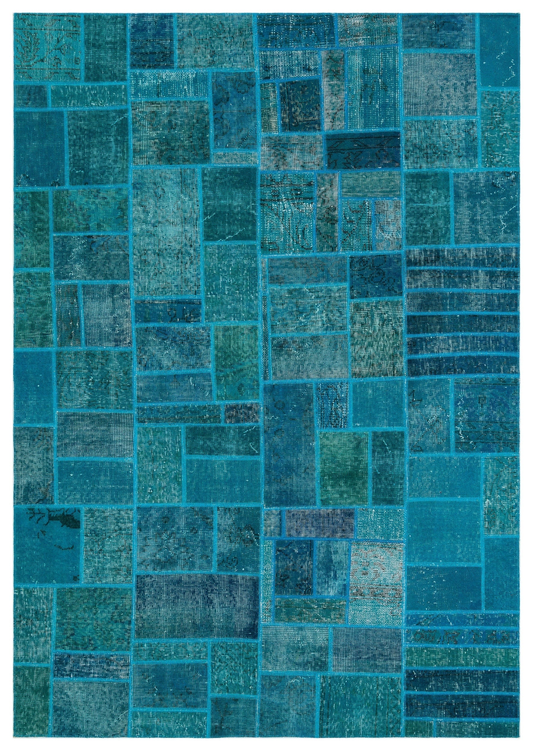 Iskece 33887 Turquoise Patchwork Wool Handmade Area Rug 5'3" x 7'7"