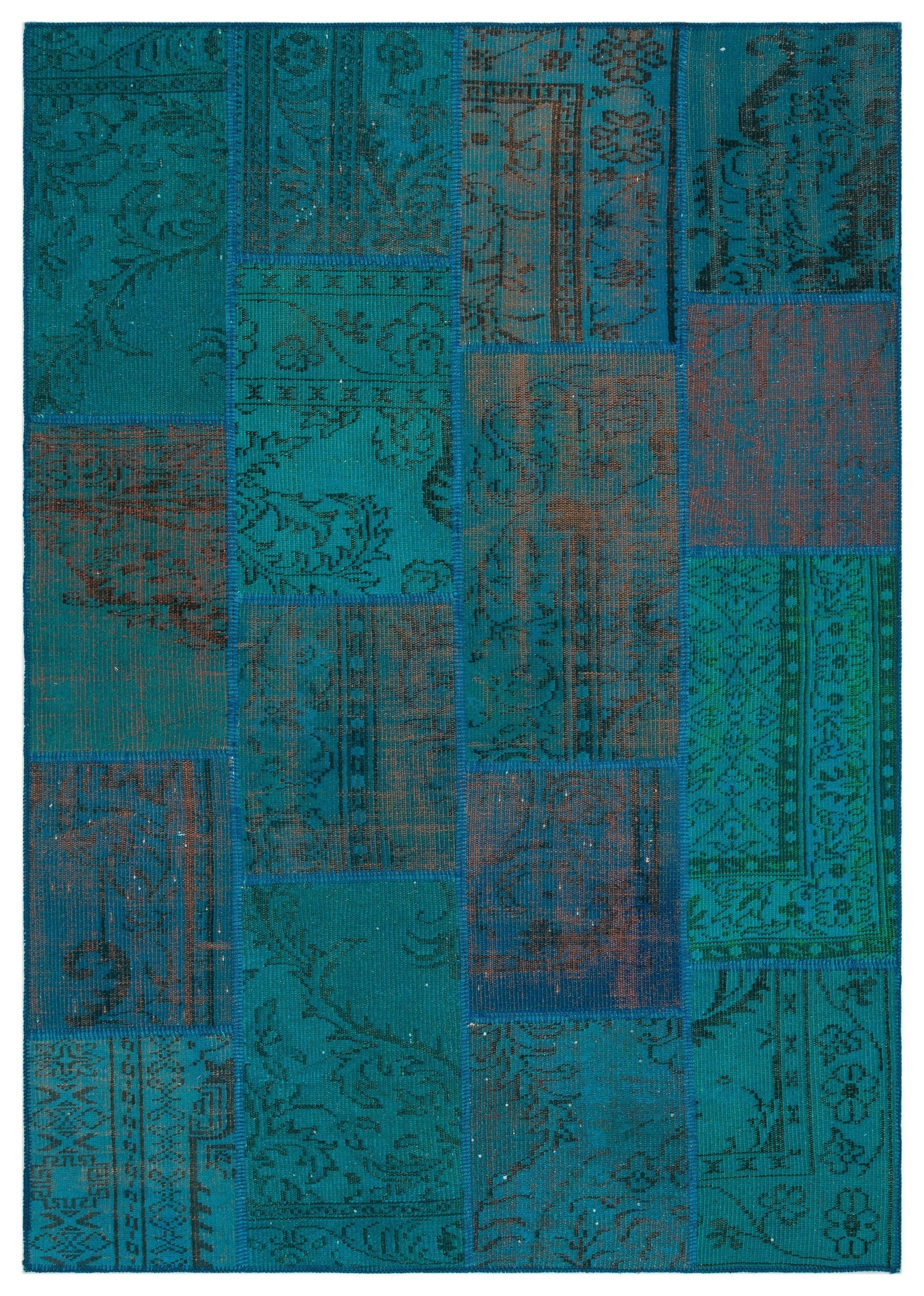 Iskece 33893 Turquoise Patchwork Wool Handmade Area Rug 5'3" x 7'7"