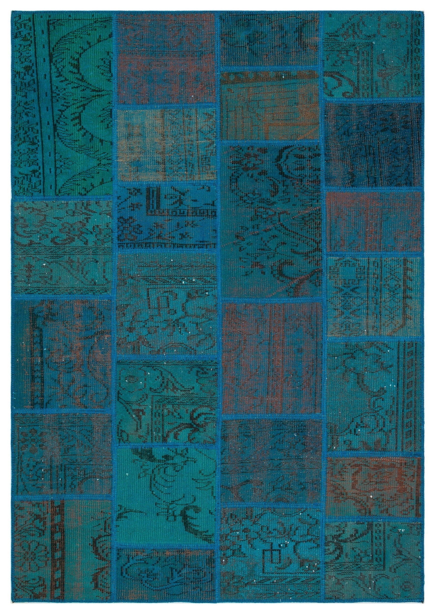 Iskece 33946 Turquoise Patchwork Wool Handmade Area Rug 5'3" x 7'7"