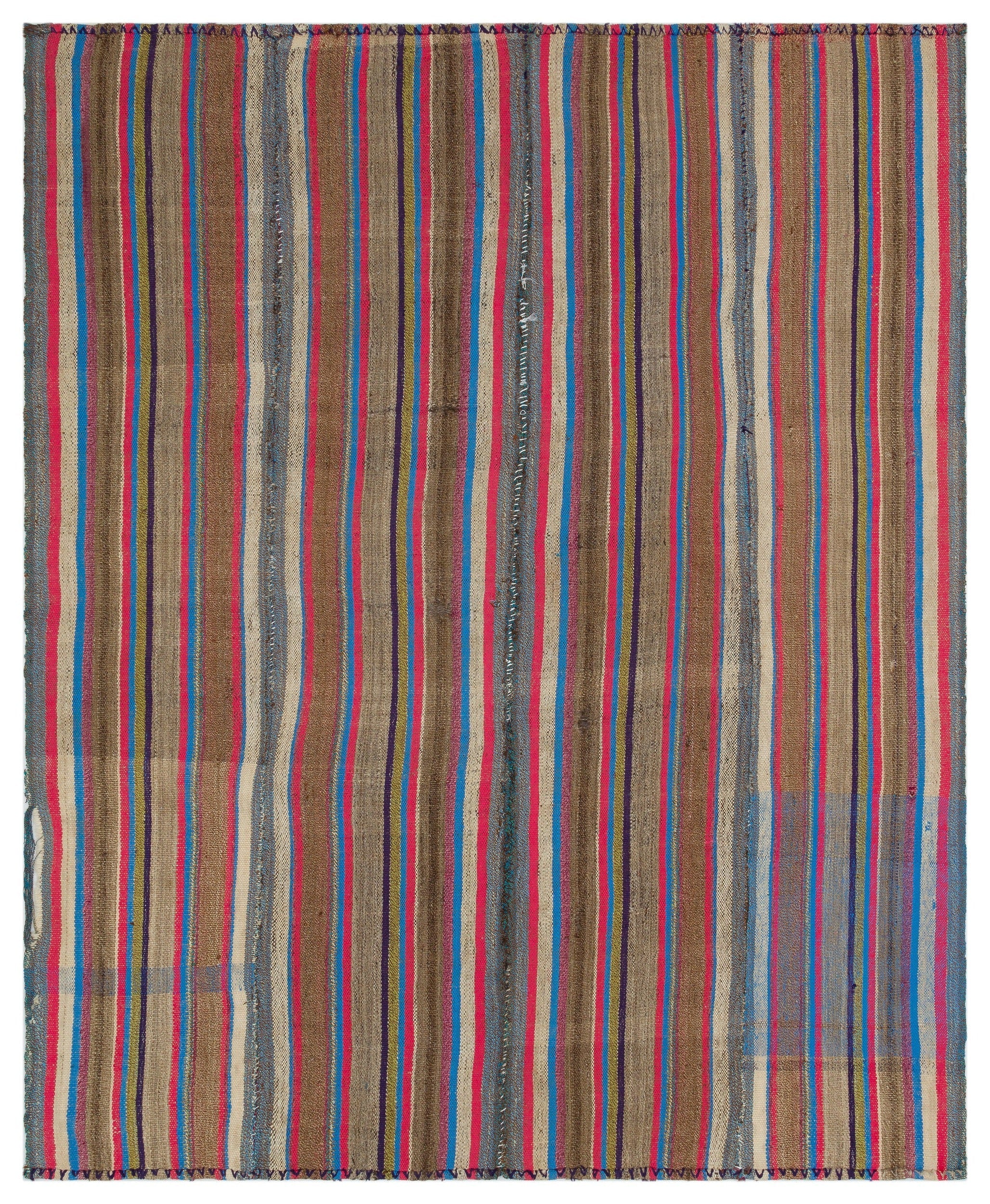 Girit Beige Striped Wool Handmade Area Rug 5'4" x 8'6"