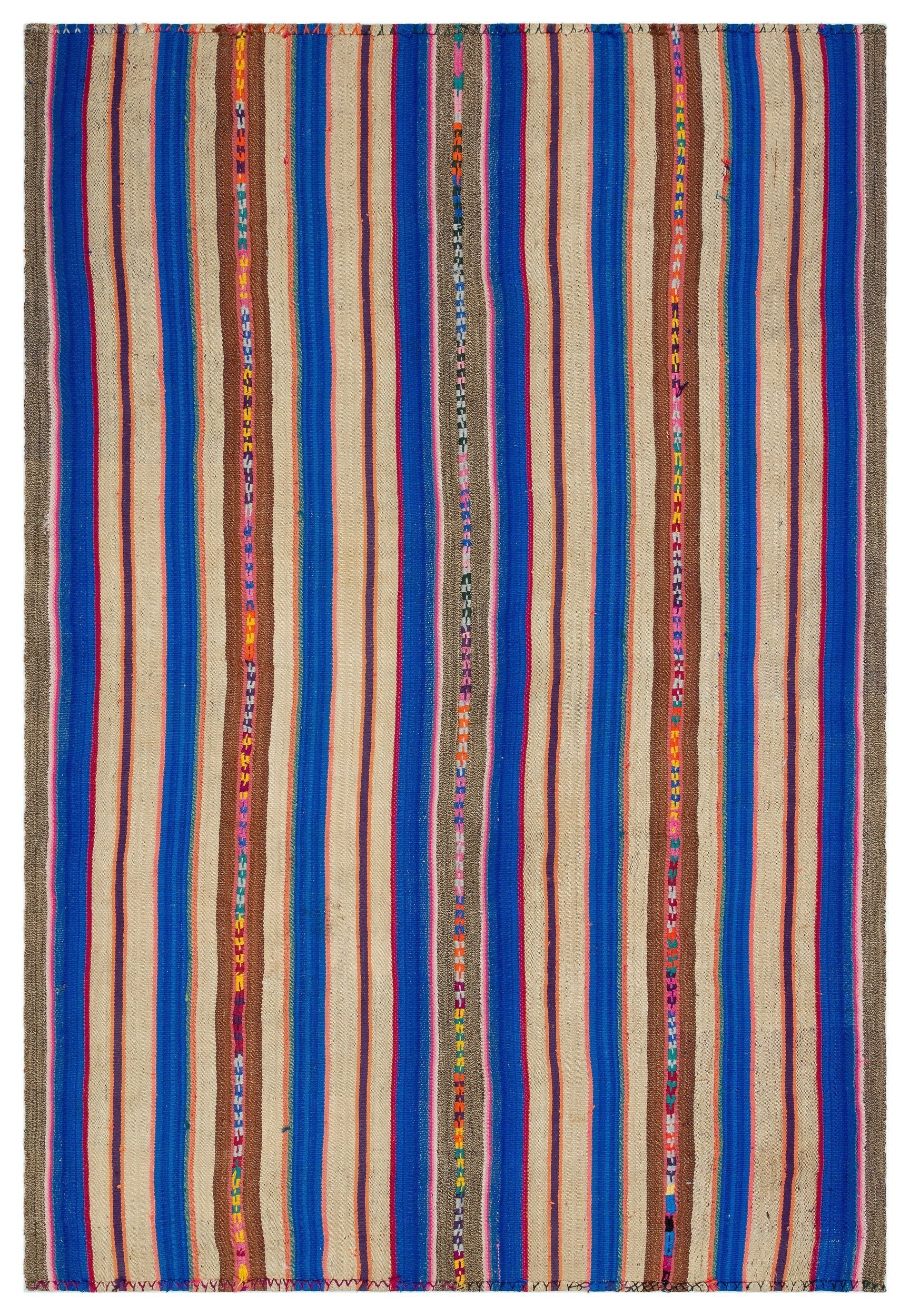 Girit Beige Striped Wool Handmade Area Rug 5'8" x 8'1"