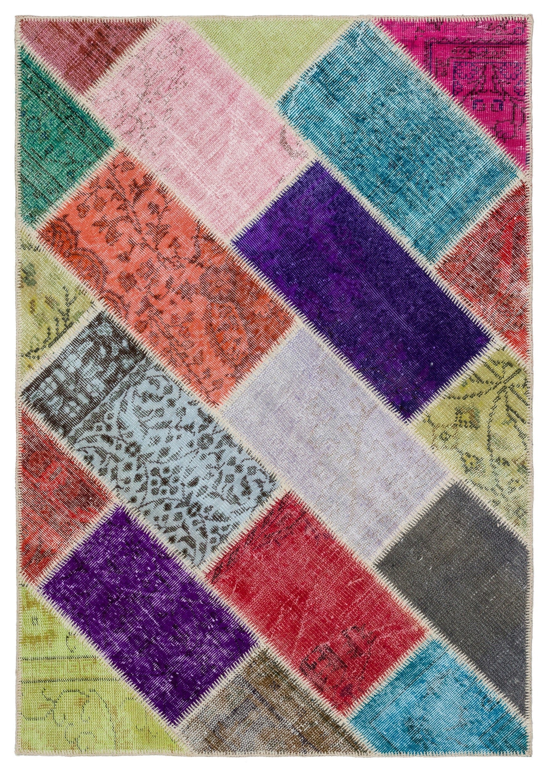 Iskece 34127 Beige Patchwork Wool Handmade Area Rug 4'0" x 5'10"