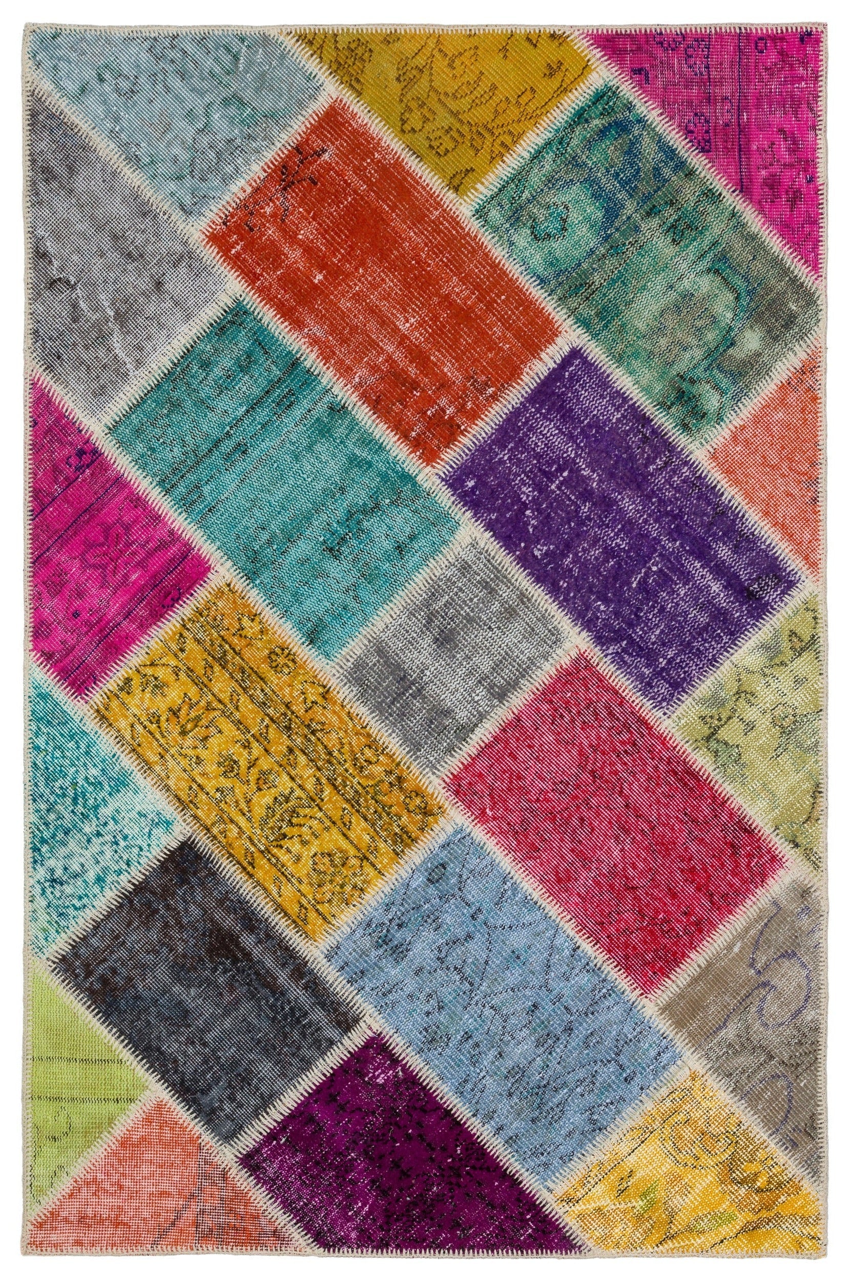 Iskece 34131 Beige Patchwork Wool Handmade Area Rug 4'0" x 6'1"