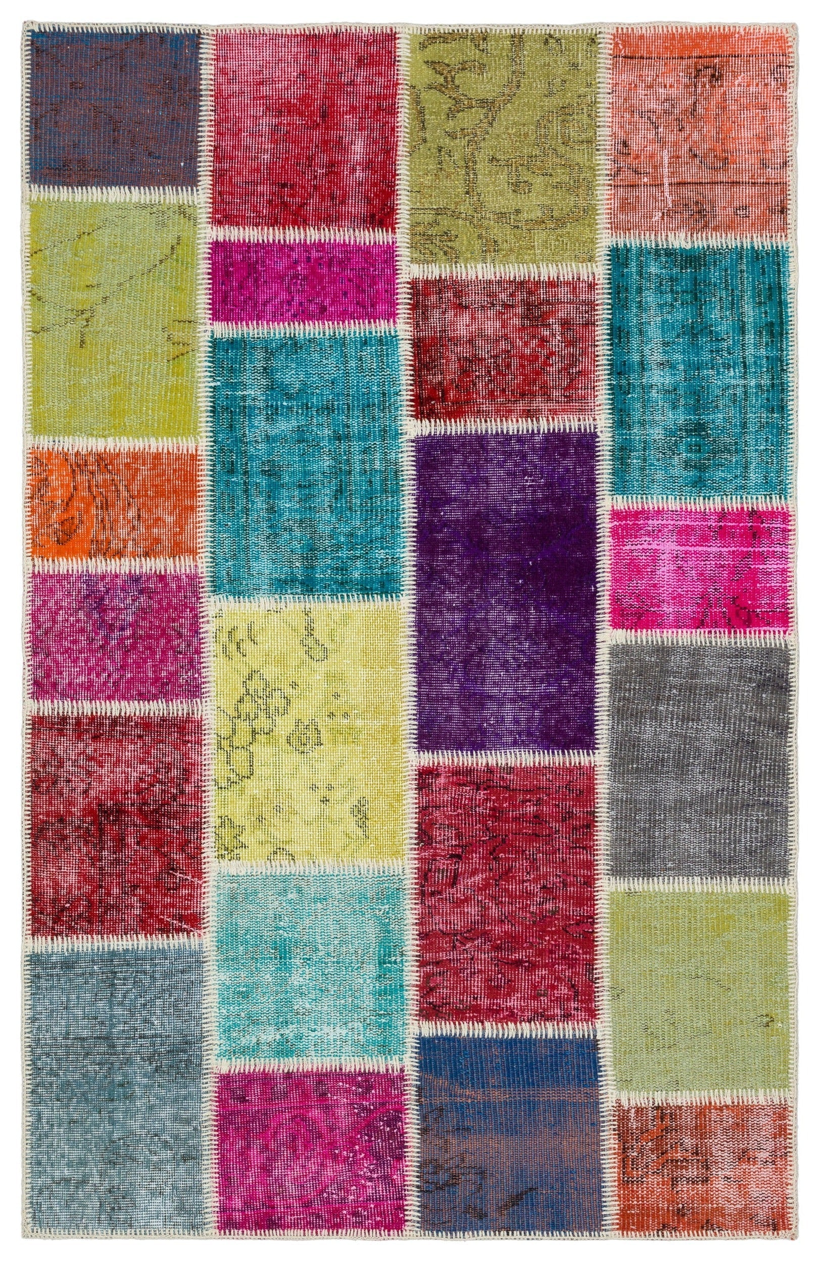 Iskece 34137 Beige Patchwork Wool Handmade Area Rug 3'10" x 6'1"