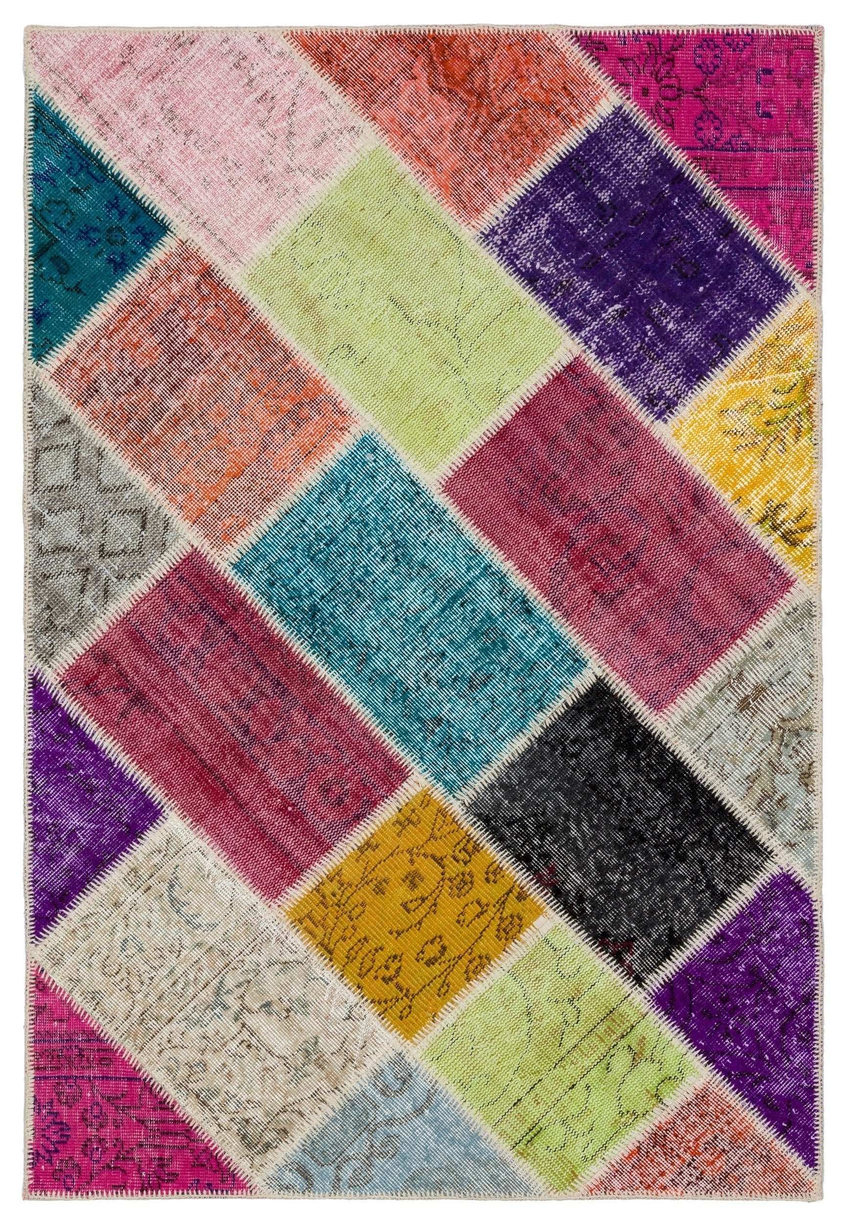 Iskece 34138 Beige Patchwork Wool Handmade Area Rug 4'0" x 5'11"