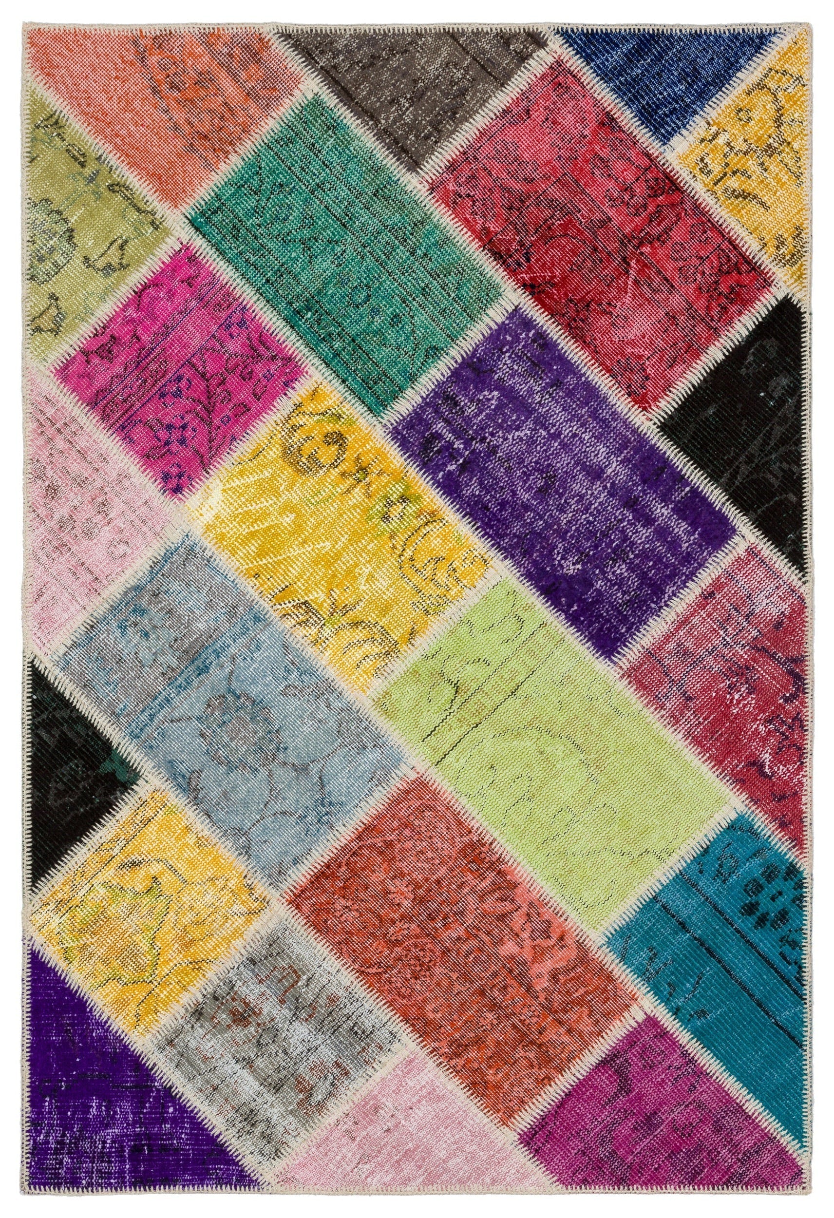 Iskece 34139 Beige Patchwork Wool Handmade Area Rug 4'0" x 5'11"