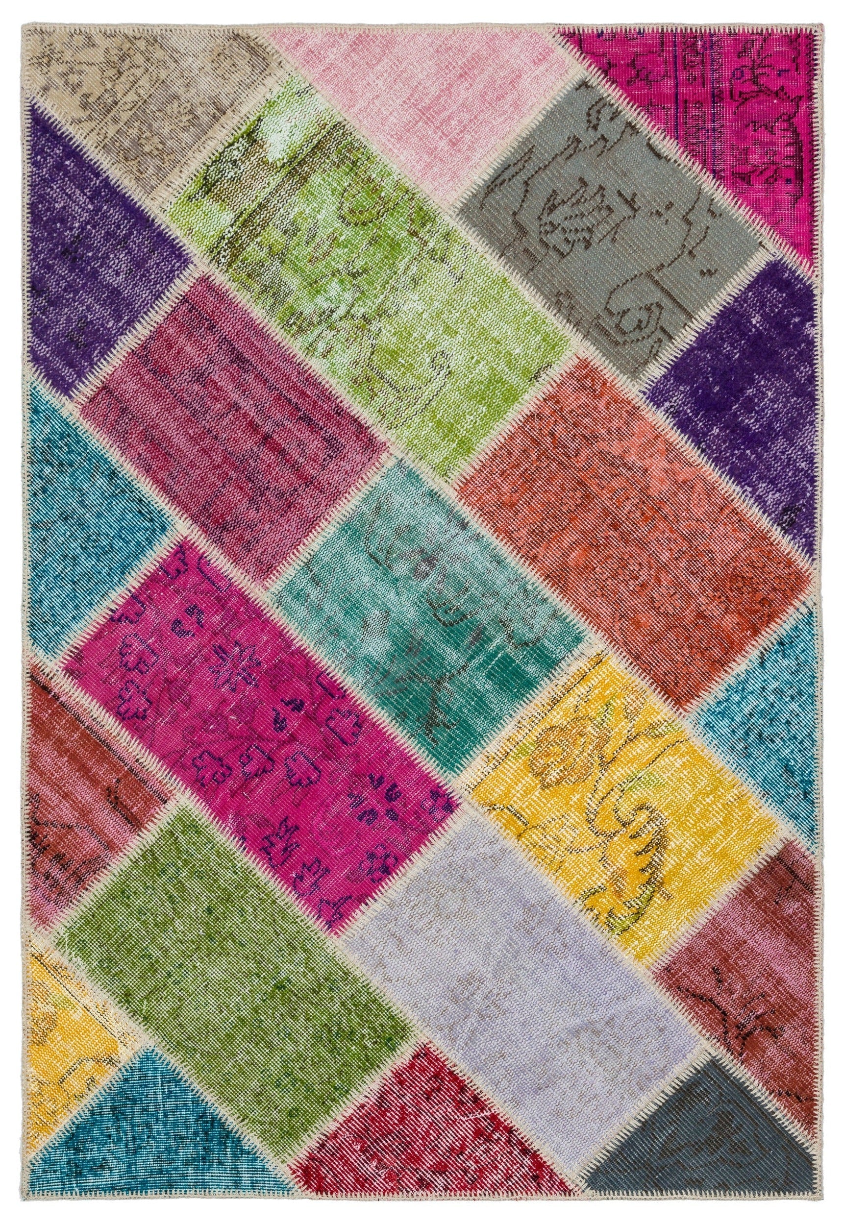 Iskece 34143 Beige Patchwork Wool Handmade Area Rug 4'0" x 5'11"