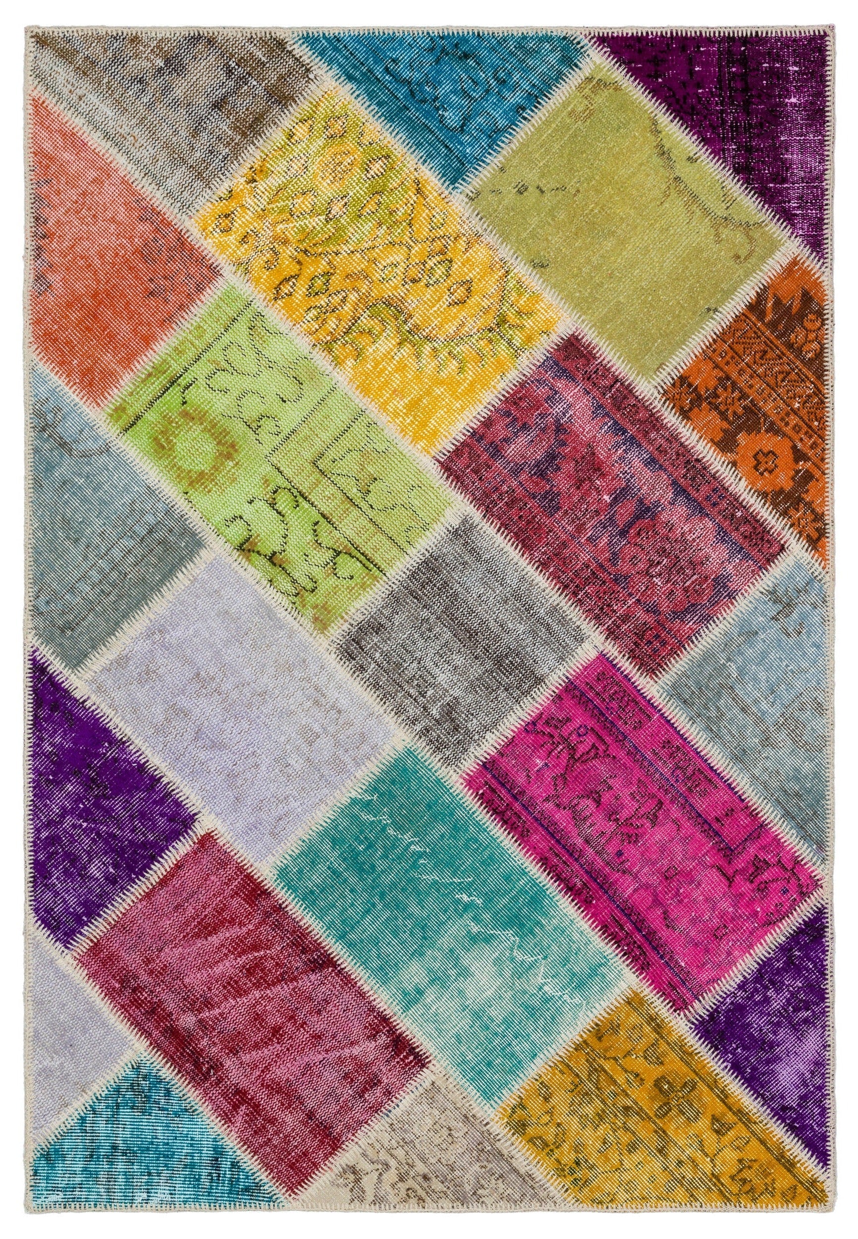 Iskece 34151 Beige Patchwork Wool Handmade Area Rug 4'0" x 5'11"