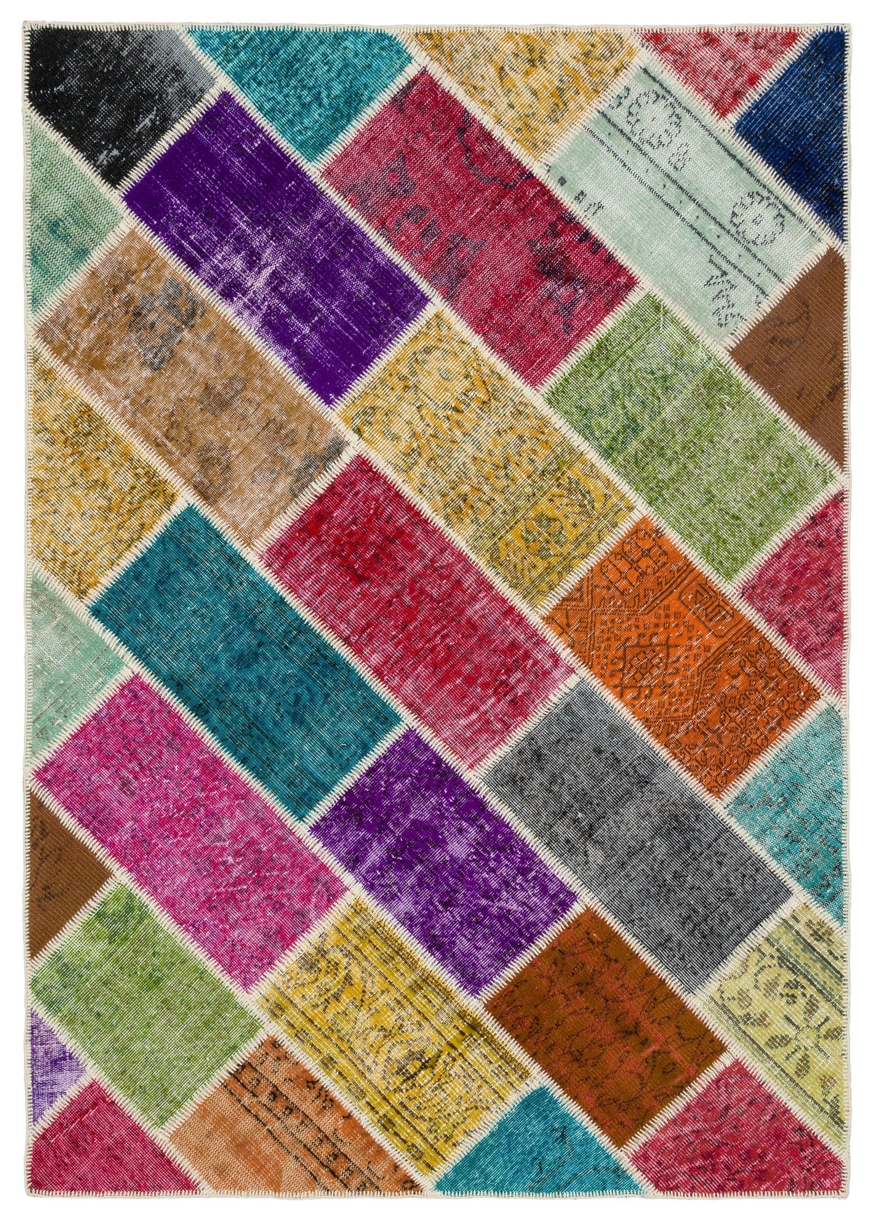 Iskece 34162 Beige Patchwork Wool Handmade Area Rug 5'4" x 7'7"