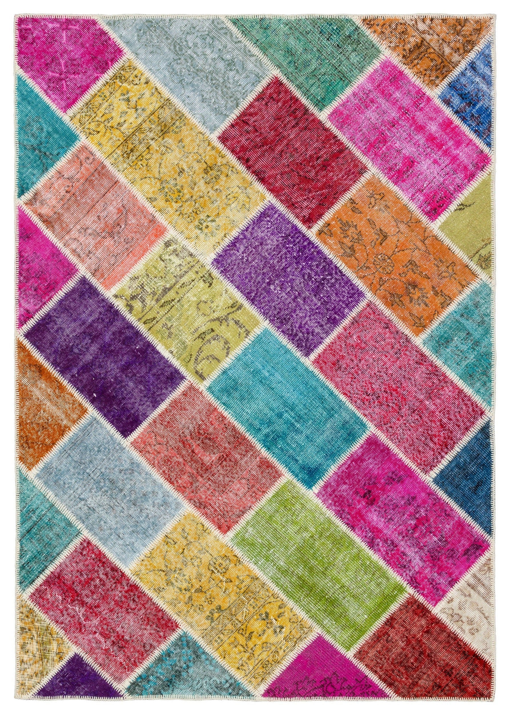 Iskece 34197 Beige Patchwork Wool Handmade Area Rug 5'4" x 7'7"