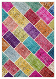Iskece 34197 Beige Patchwork Wool Handmade Area Rug 5'4" x 7'7"