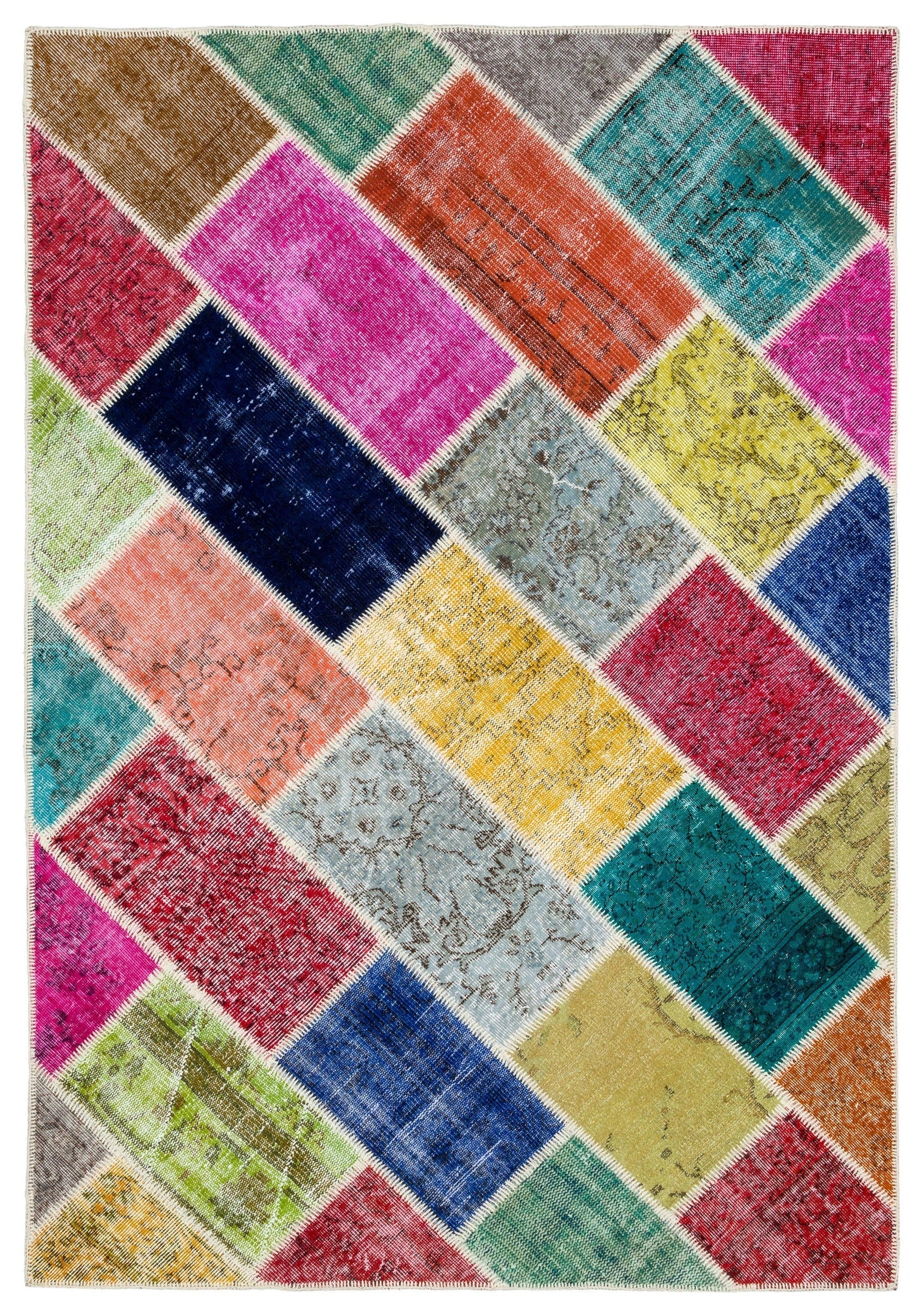 Iskece 34206 Beige Patchwork Wool Handmade Area Rug 5'3" x 7'7"