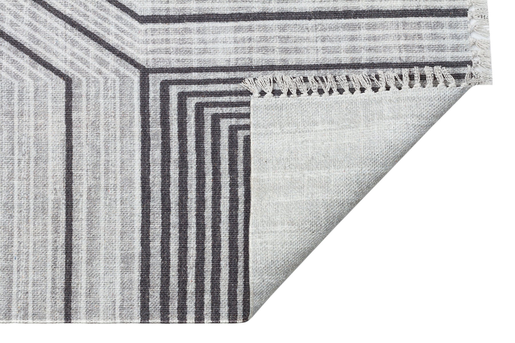 Washable Cotton Kilim - Grey Geometric Double Sided Flatweave Rug With Jute Straw Look