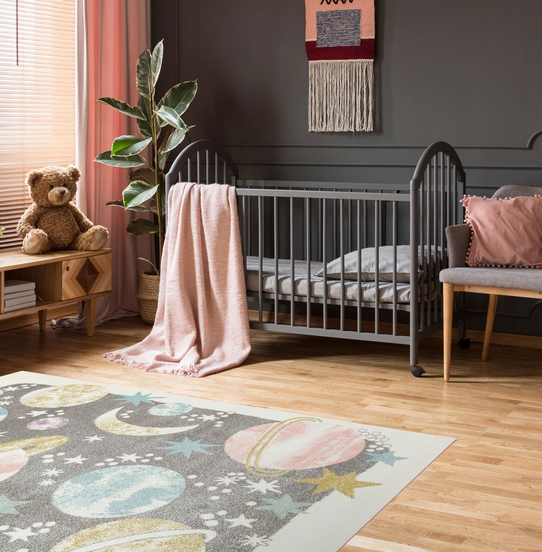 Kids Galaxy Rug – Non Slip Flatweave Grey Carpet With Soft Pile for Playroom