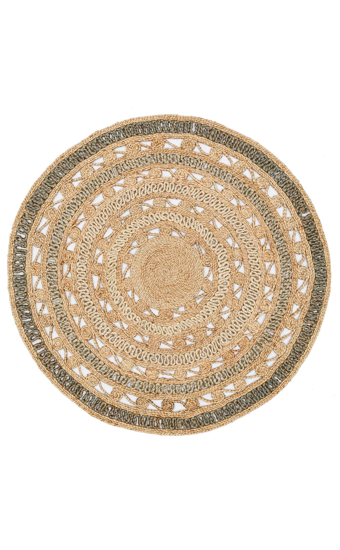 Beige Jute Rug – Round Geometric Hand Woven Natural Fiber Carpet, Soft Texture