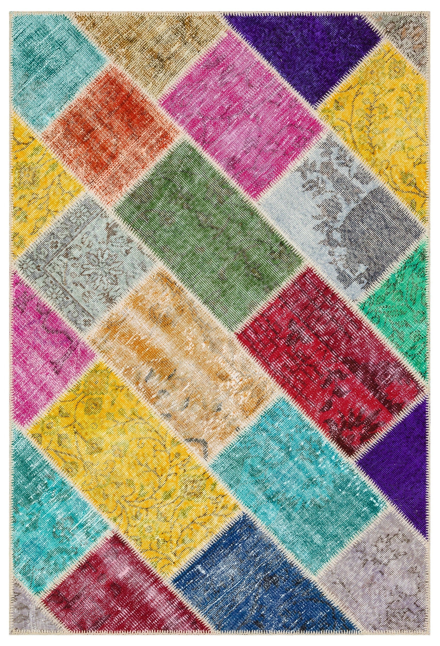 Iskece 35386 Beige Patchwork Wool Handmade Area Rug 4'0" x 5'11"