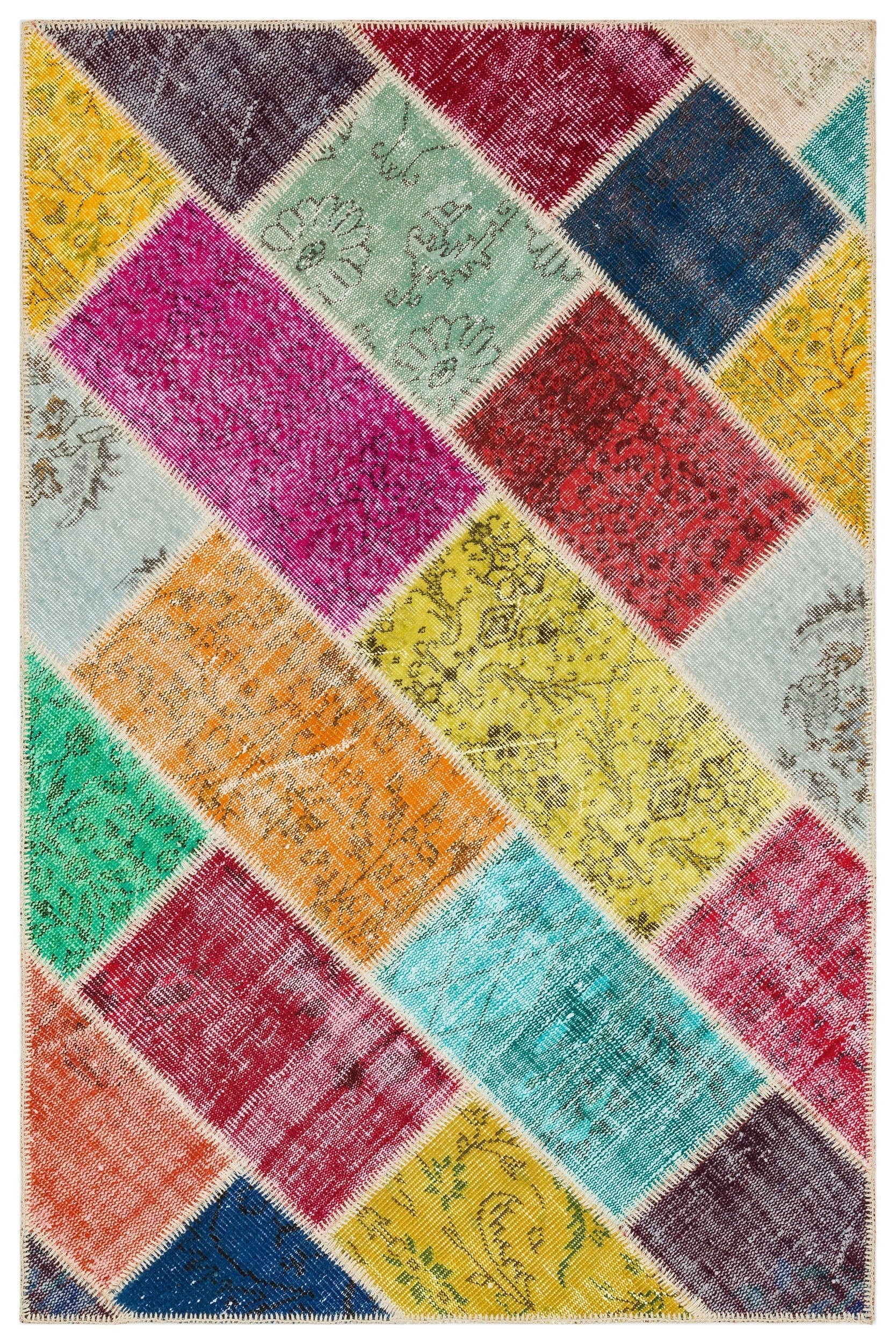 Iskece 35387 Beige Patchwork Wool Handmade Area Rug 4'0" x 6'1"