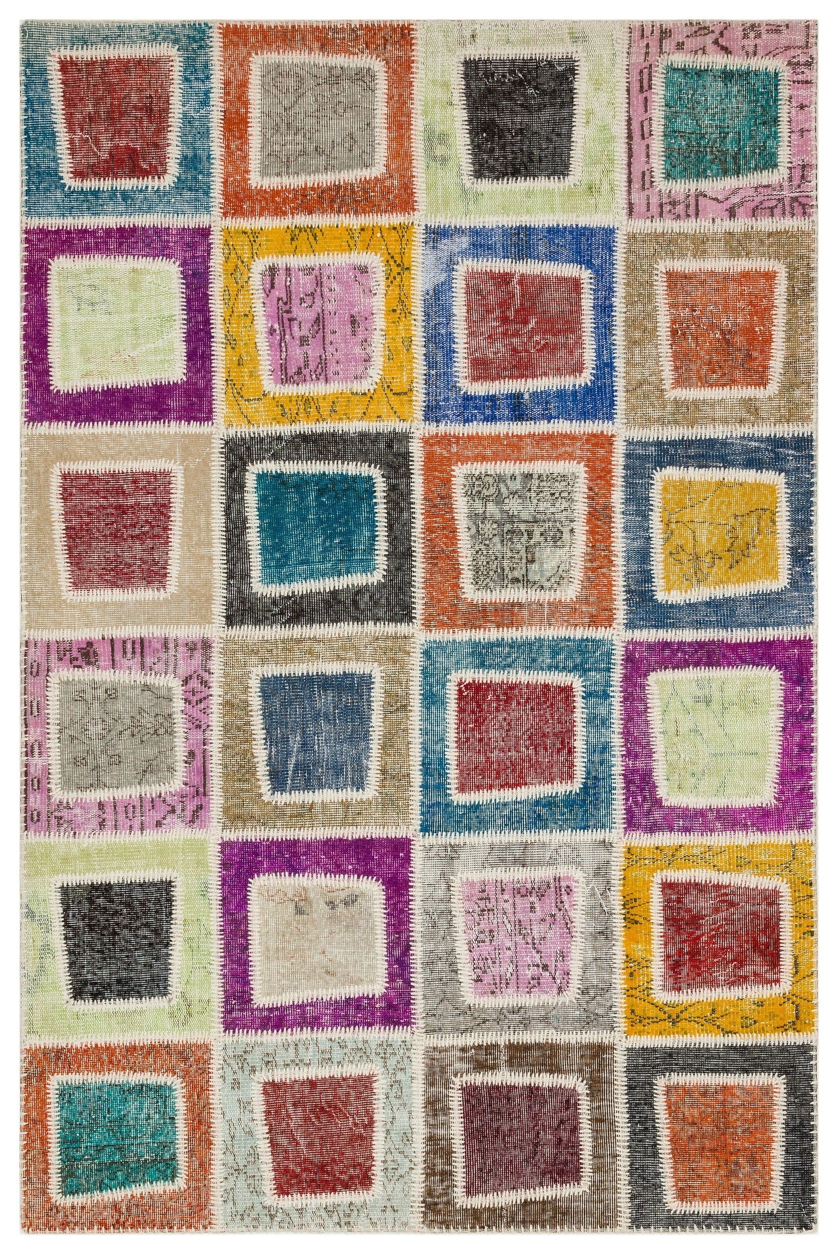 Iskece 35403 Beige Patchwork Wool Handmade Area Rug 5'3" x 7'11"