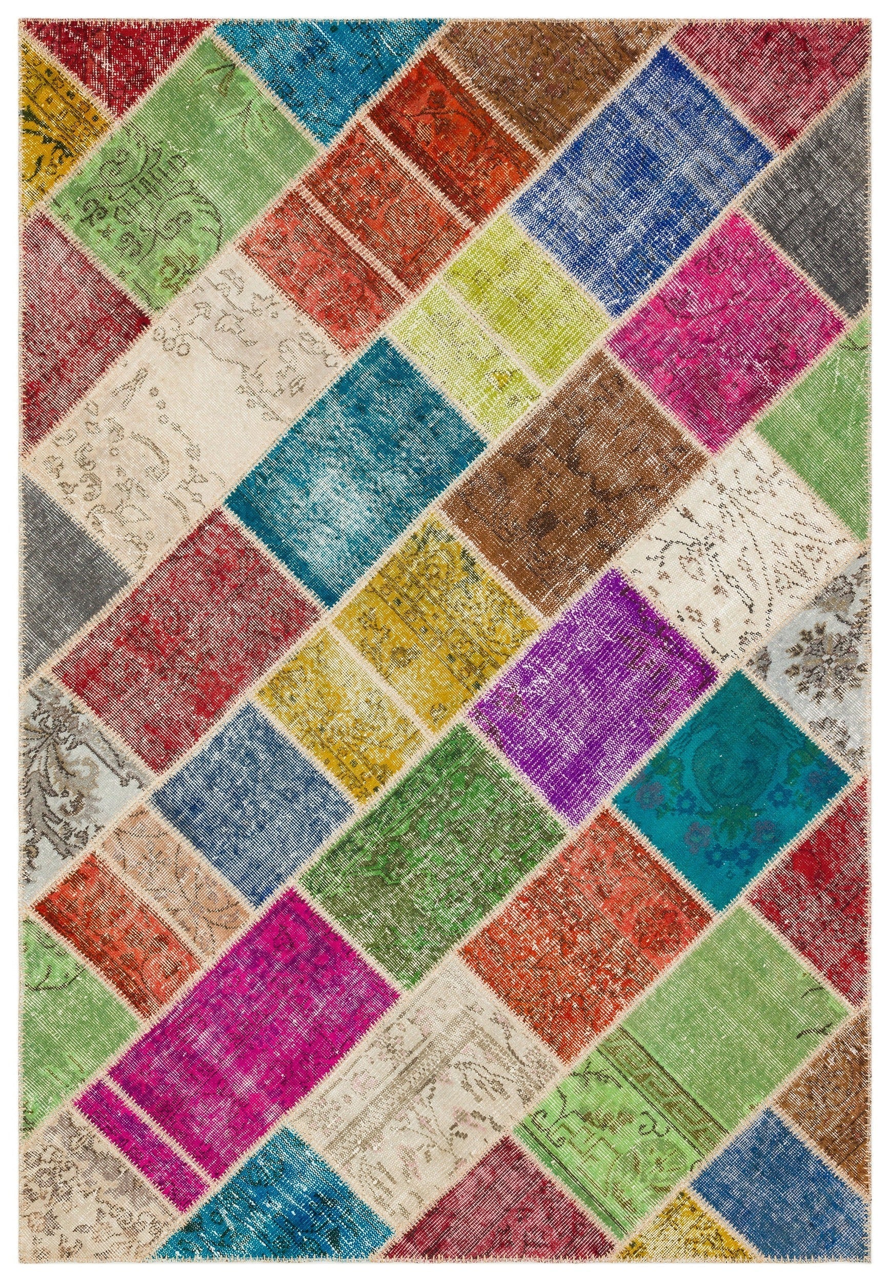 Iskece 35445 Beige Patchwork Wool Handmade Area Rug 5'3" x 7'7"