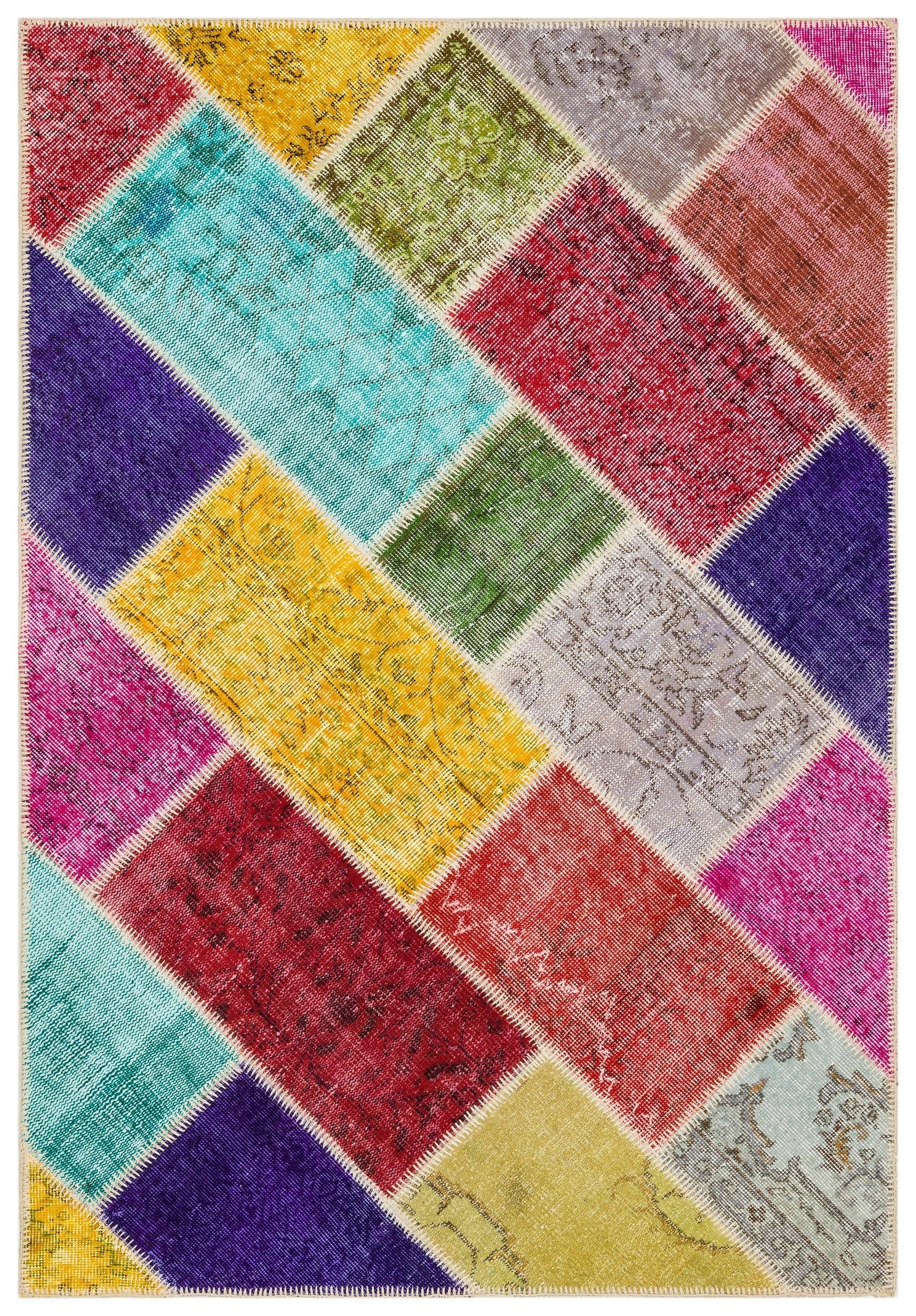 Iskece 35562 Beige Patchwork Wool Handmade Area Rug 4'1" x 5'11"