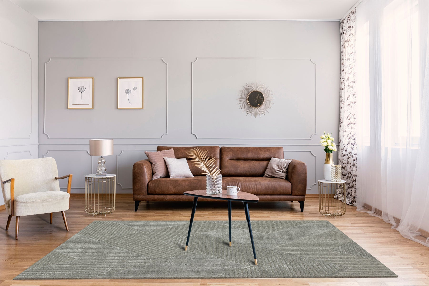 Grey Geometric Area Rug – Wool Viscose Carpet | Machine Made Modern Woven