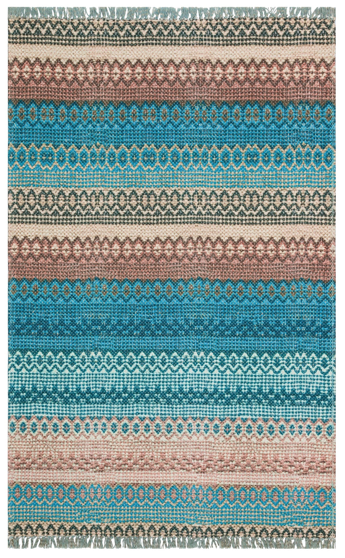 Blue Striped Cotton Rug - Washable Non Slip Area Rug With Fringed Edges