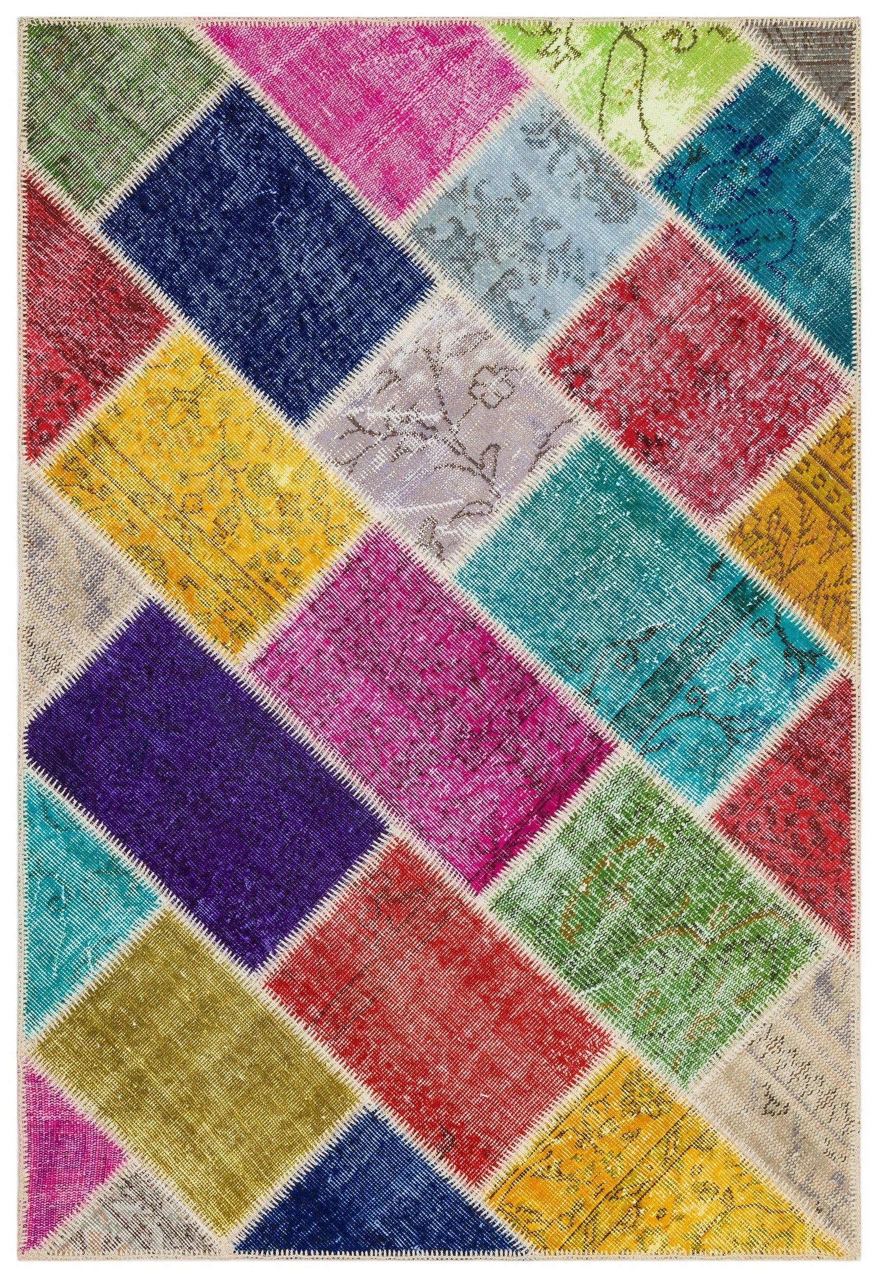Iskece 35806 Beige Patchwork Wool Handmade Area Rug 4'0" x 5'11"