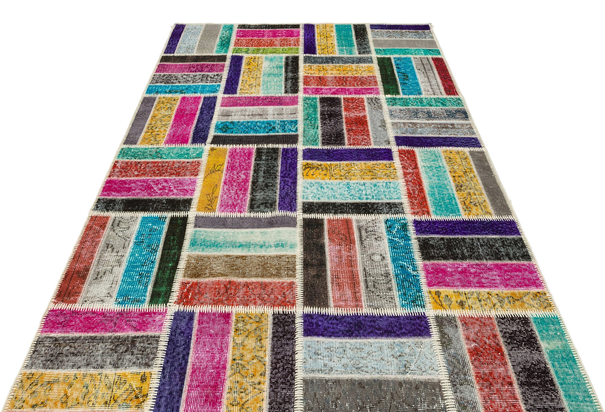 Iskece 35811 Beige Patchwork Wool Handmade Area Rug 5'4" x 8'0"