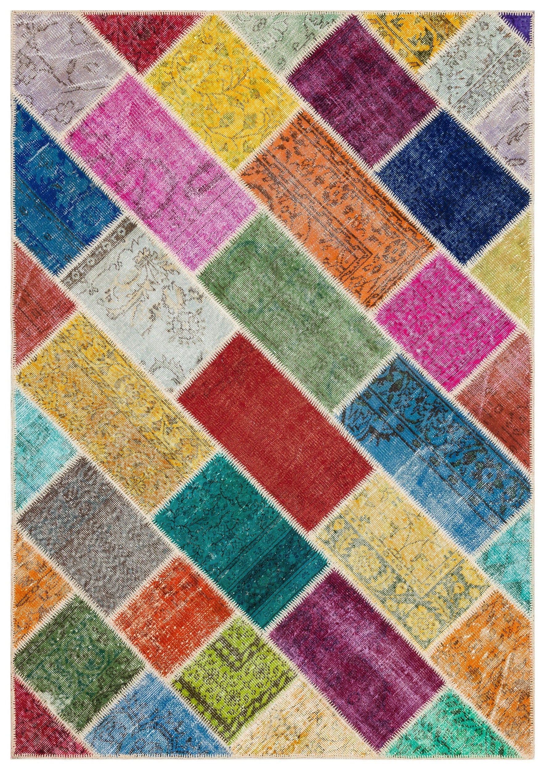 Iskece 35833 Beige Patchwork Wool Handmade Area Rug 5'4" x 7'7"