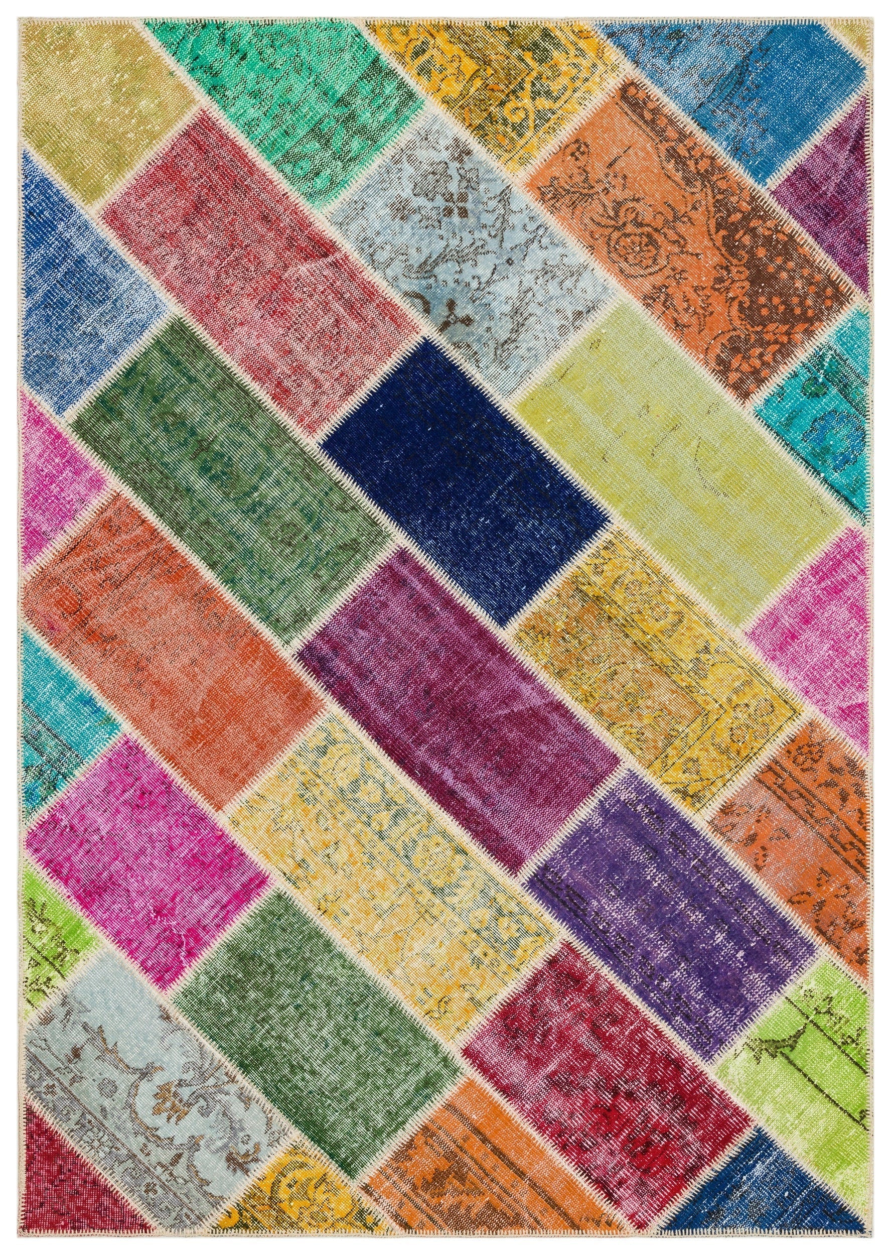 Iskece 35834 Beige Patchwork Wool Handmade Area Rug 5'4" x 7'7"