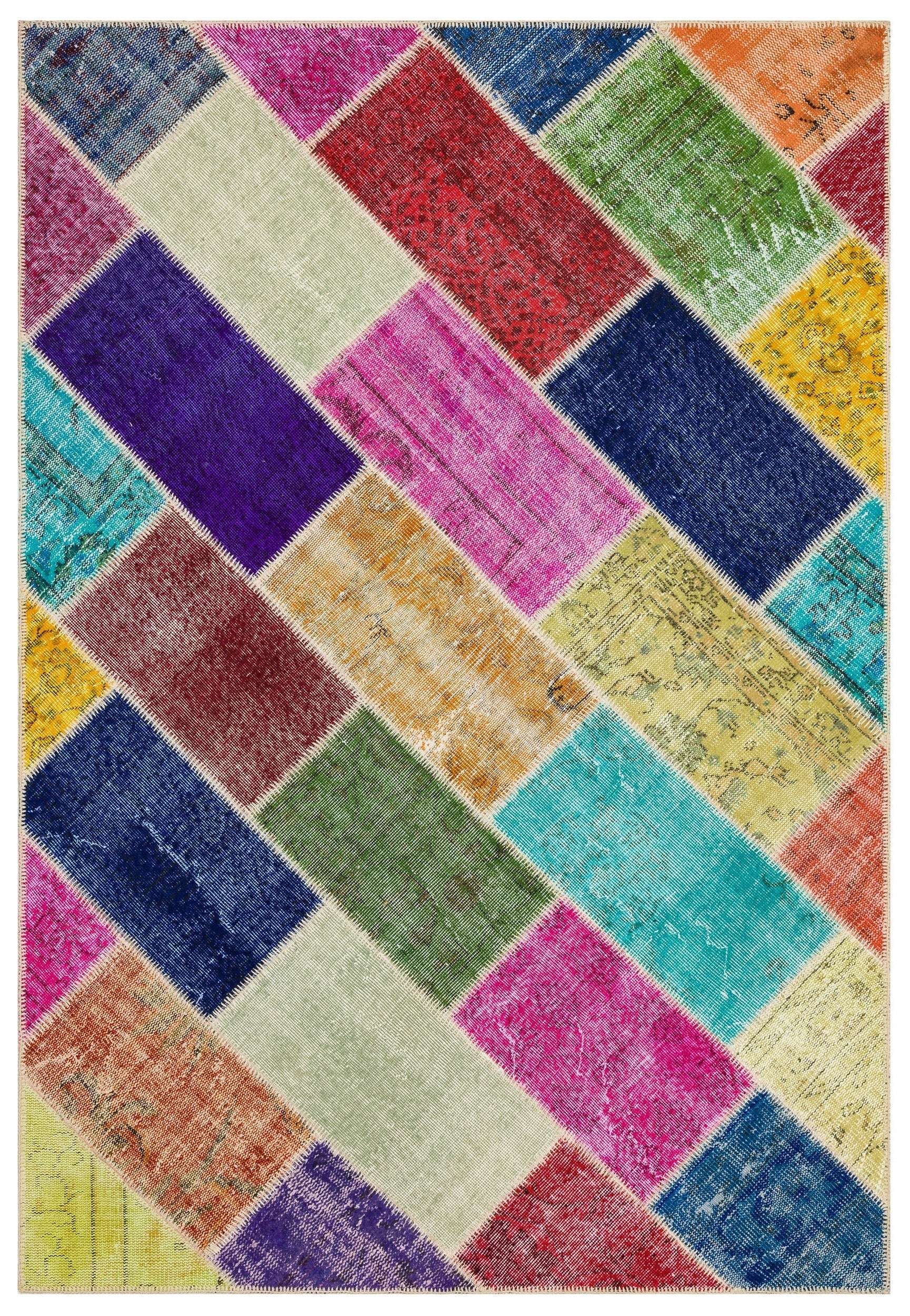 Iskece 35849 Beige Patchwork Wool Handmade Area Rug 5'3" x 7'8"