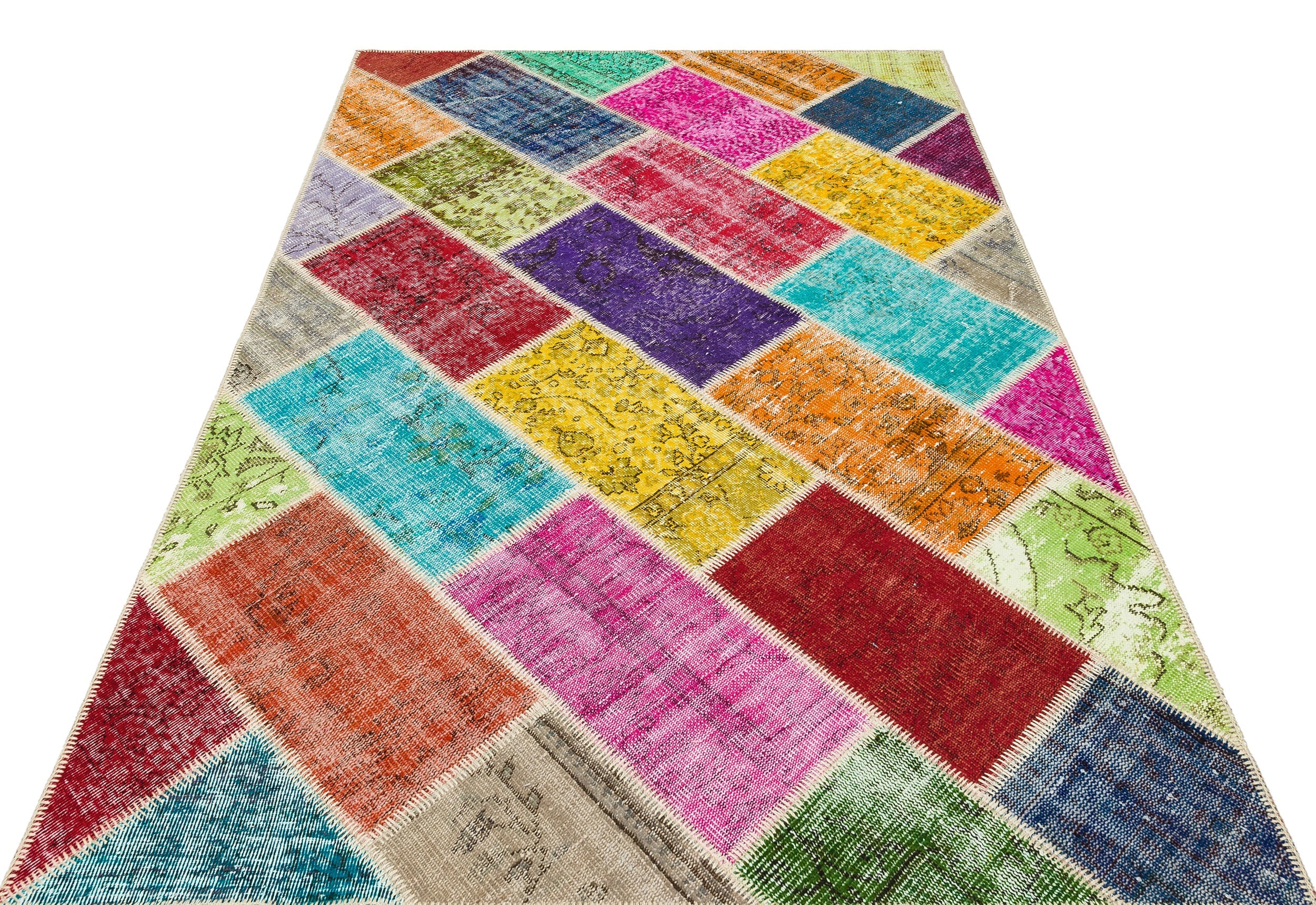 Iskece 35855 Beige Patchwork Wool Handmade Area Rug 5'3" x 7'9"