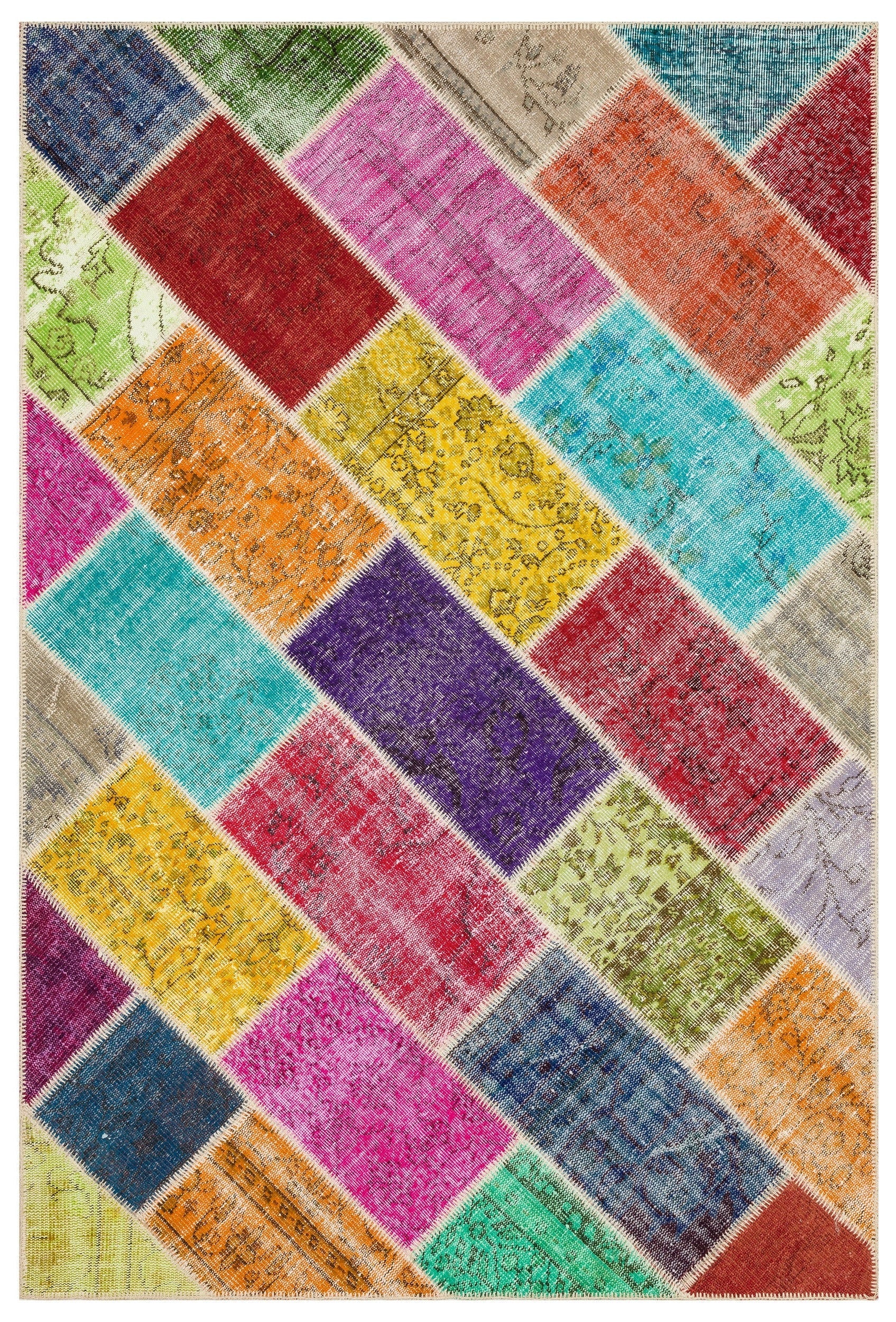 Iskece 35855 Beige Patchwork Wool Handmade Area Rug 5'3" x 7'9"