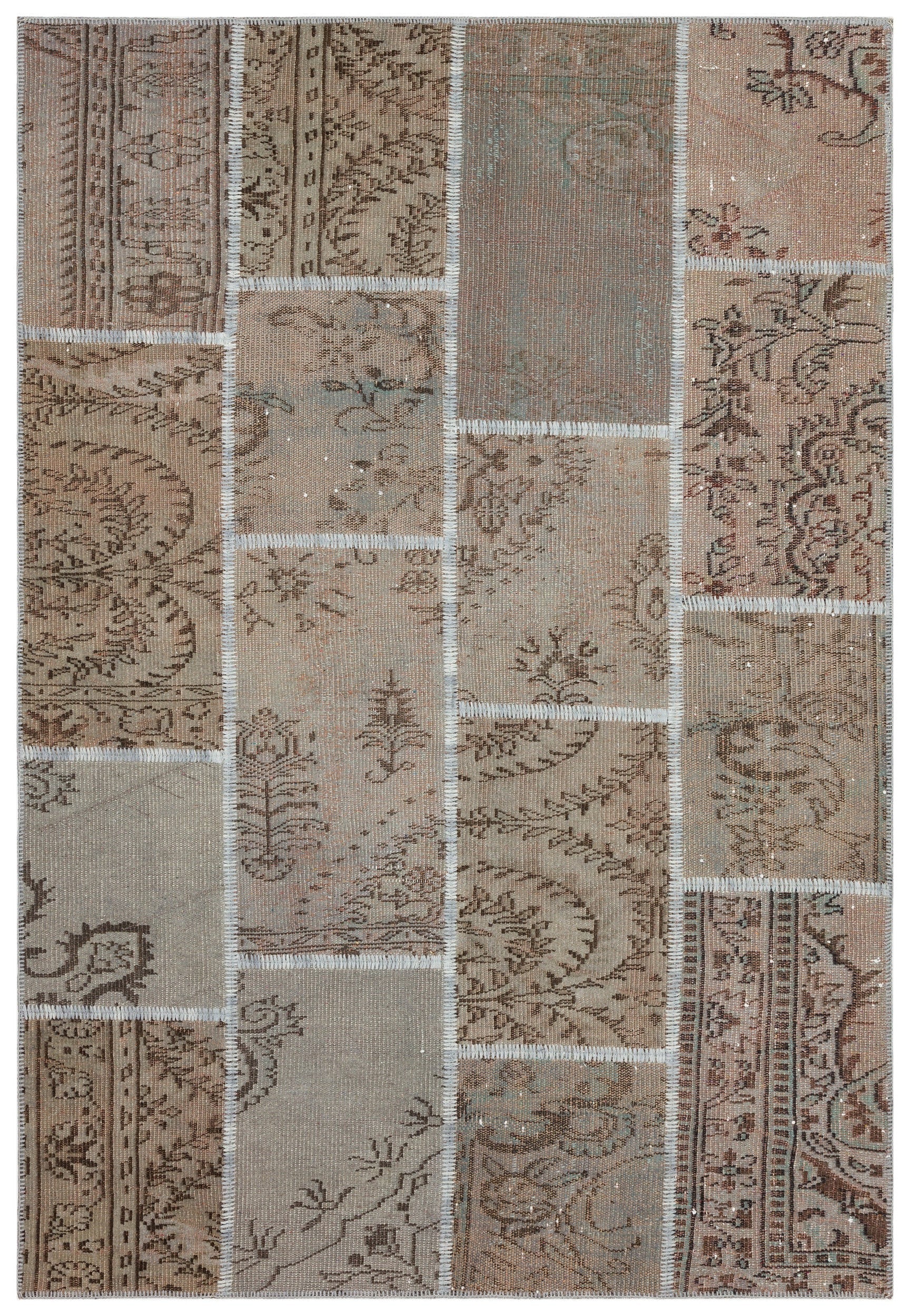Iskece 35879 Brown Patchwork Wool Handmade Area Rug 5'3" x 7'7"