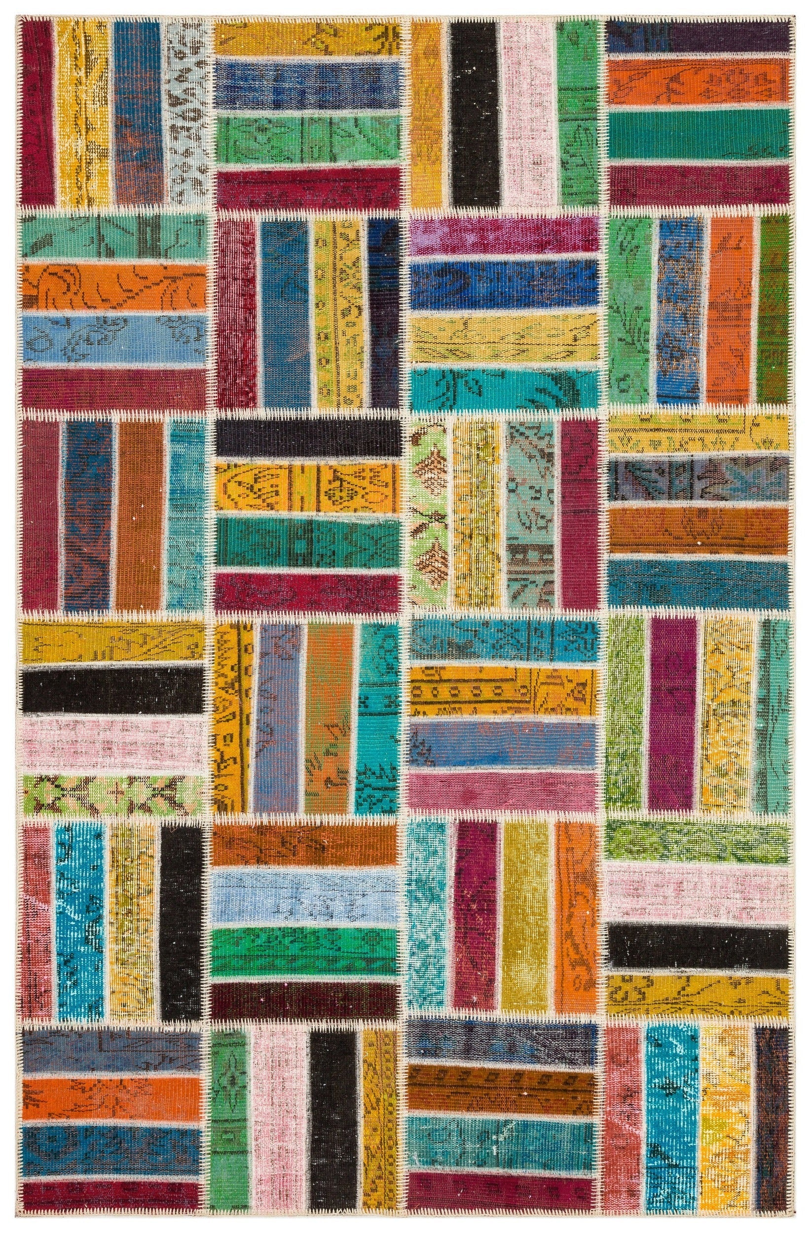 Iskece 35882 Beige Patchwork Wool Handmade Area Rug 5'3" x 8'0"