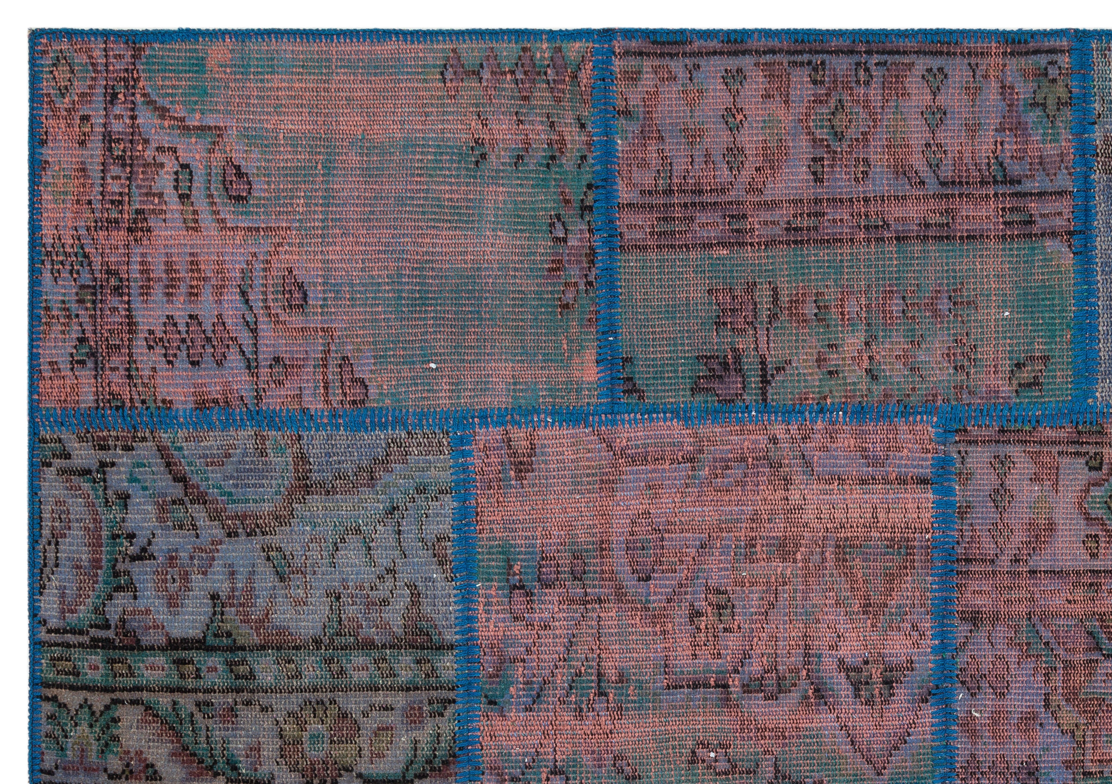Iskece 35892 Blue Patchwork Wool Handmade Area Rug 5'4" x 7'7"